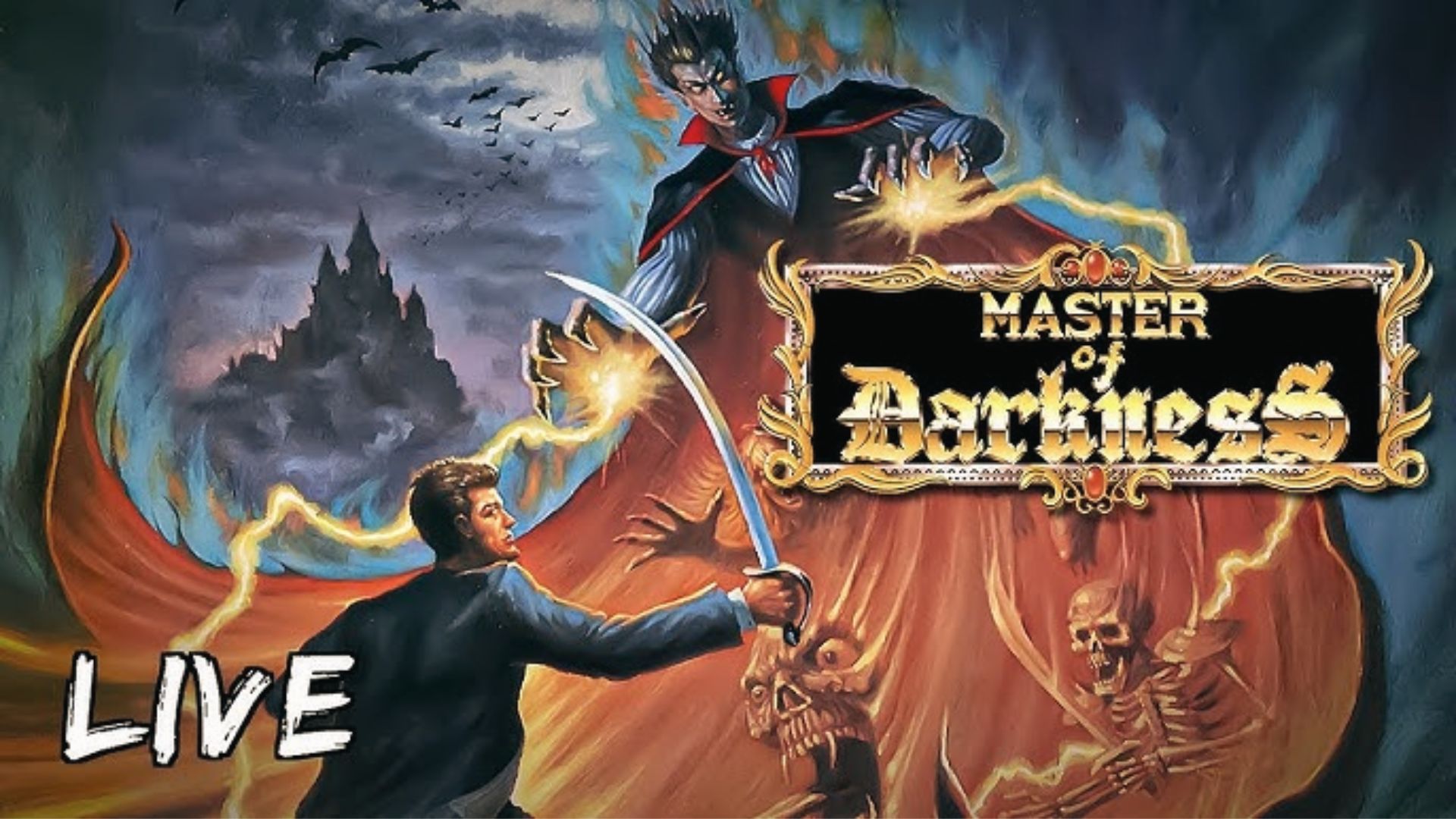 Hero faces Dracula with sword under stormy castle sky, Master of Darkness gothic Master System horror