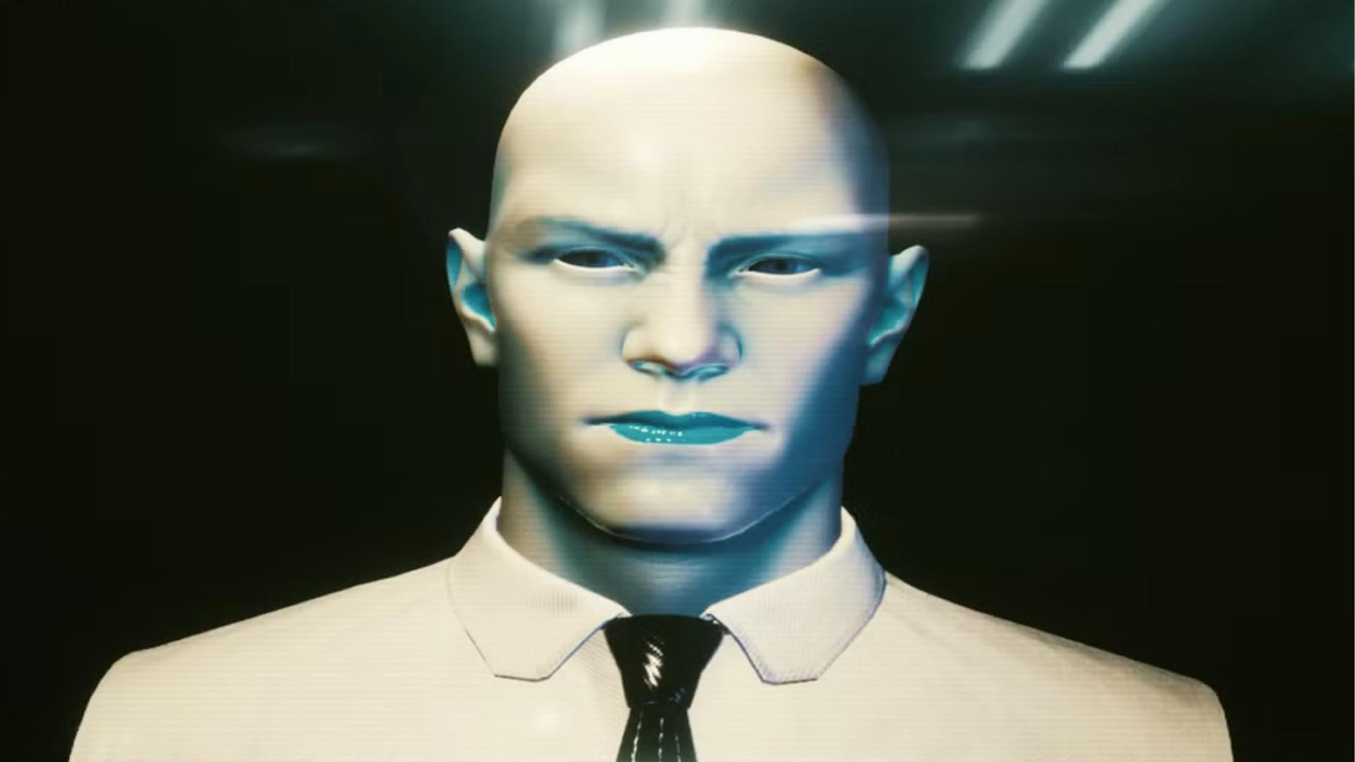 Johnny Silverhand appears as a blue holographic engram, bald, wearing white dress shirt and black tie against a dark digital background.
