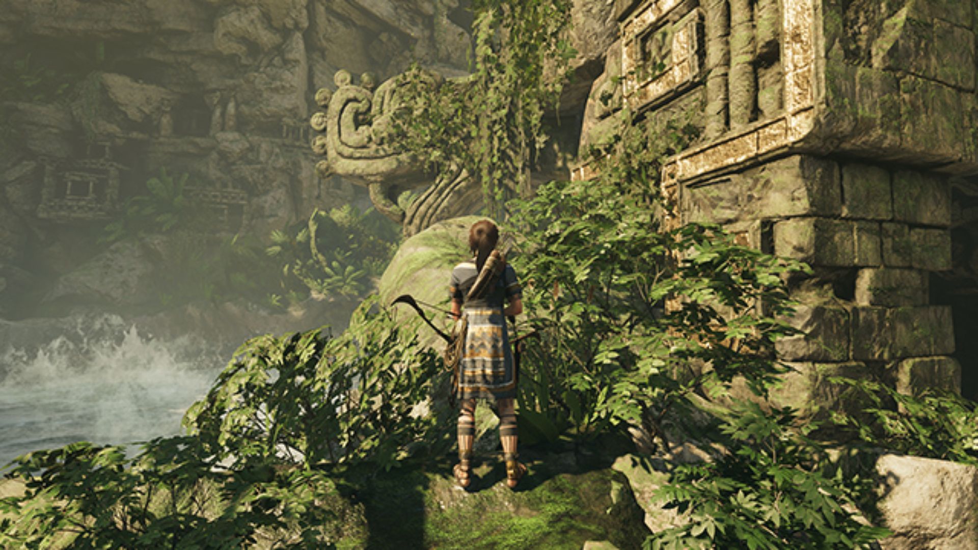 Lara faces lush jungle temple ruins with bow drawn. Rise of the Tomb Raider nails exploration scale.