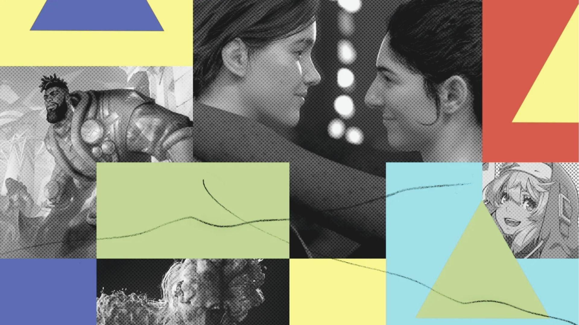 Black-and-white montage of game characters including a Black male hero, LGBTQ+ couple, and anime-style heroine, framed by colorful shapes.