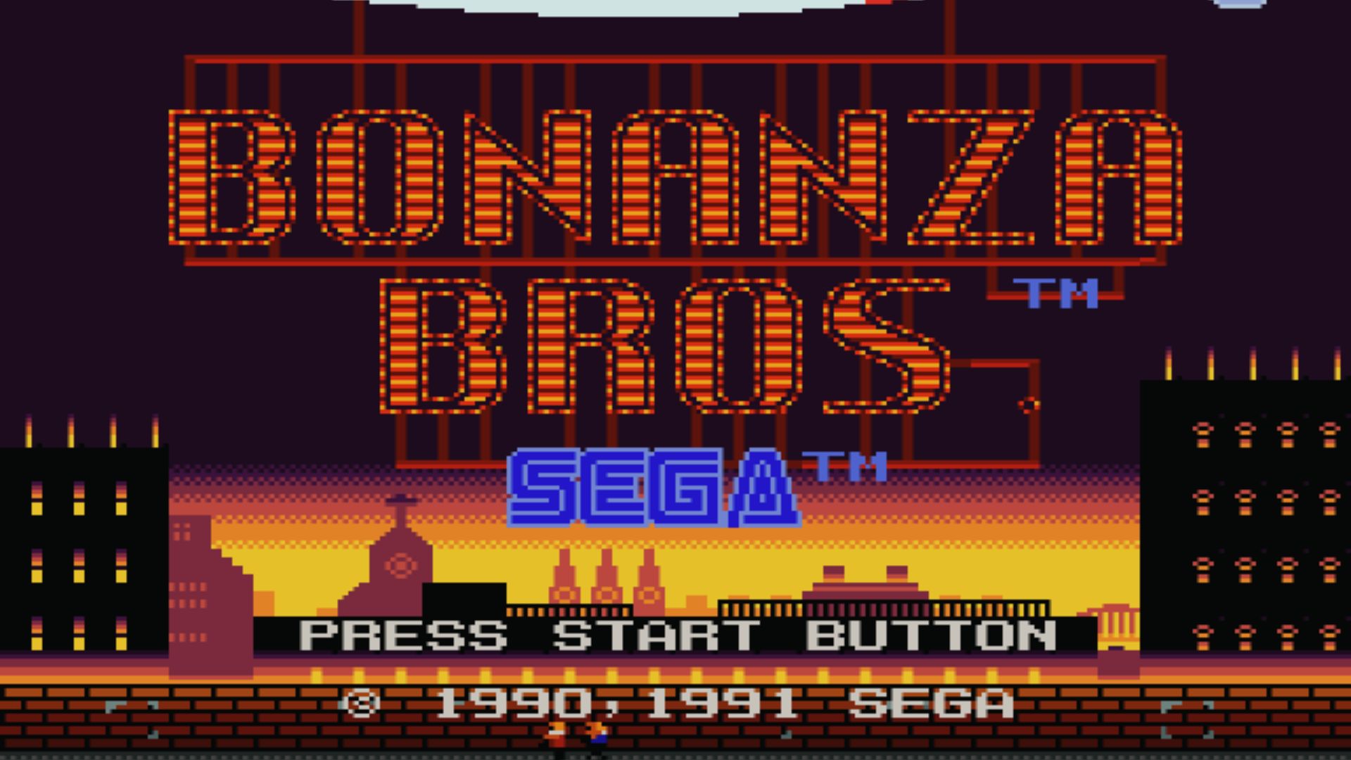 Bonanza Bros title over sunset city skyline, SEGA 1991 stealth heist Master System co-op adventure