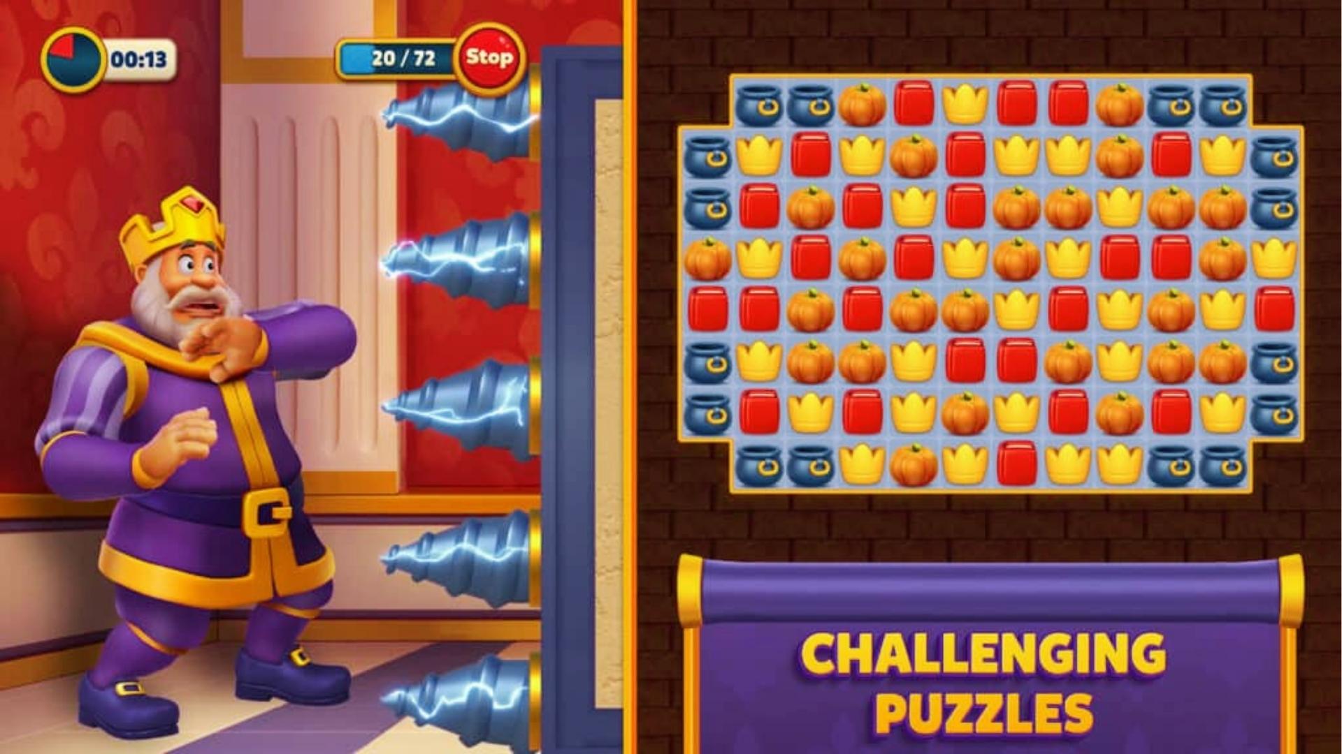 Split image shows panicked king facing electric drills beside match-3 puzzle board with pumpkins, crowns, books, cauldrons, and timer.