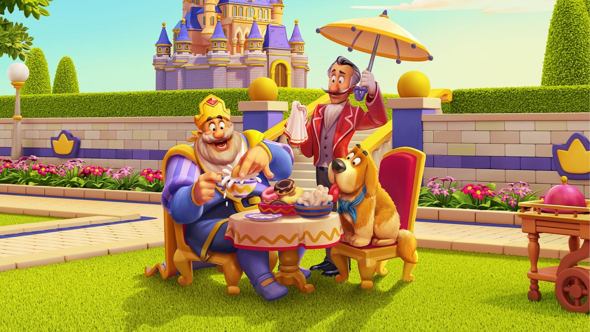 Royal Match king dunks cookie into teacup while butler holds umbrella and dog watches donuts on garden table outside castle.