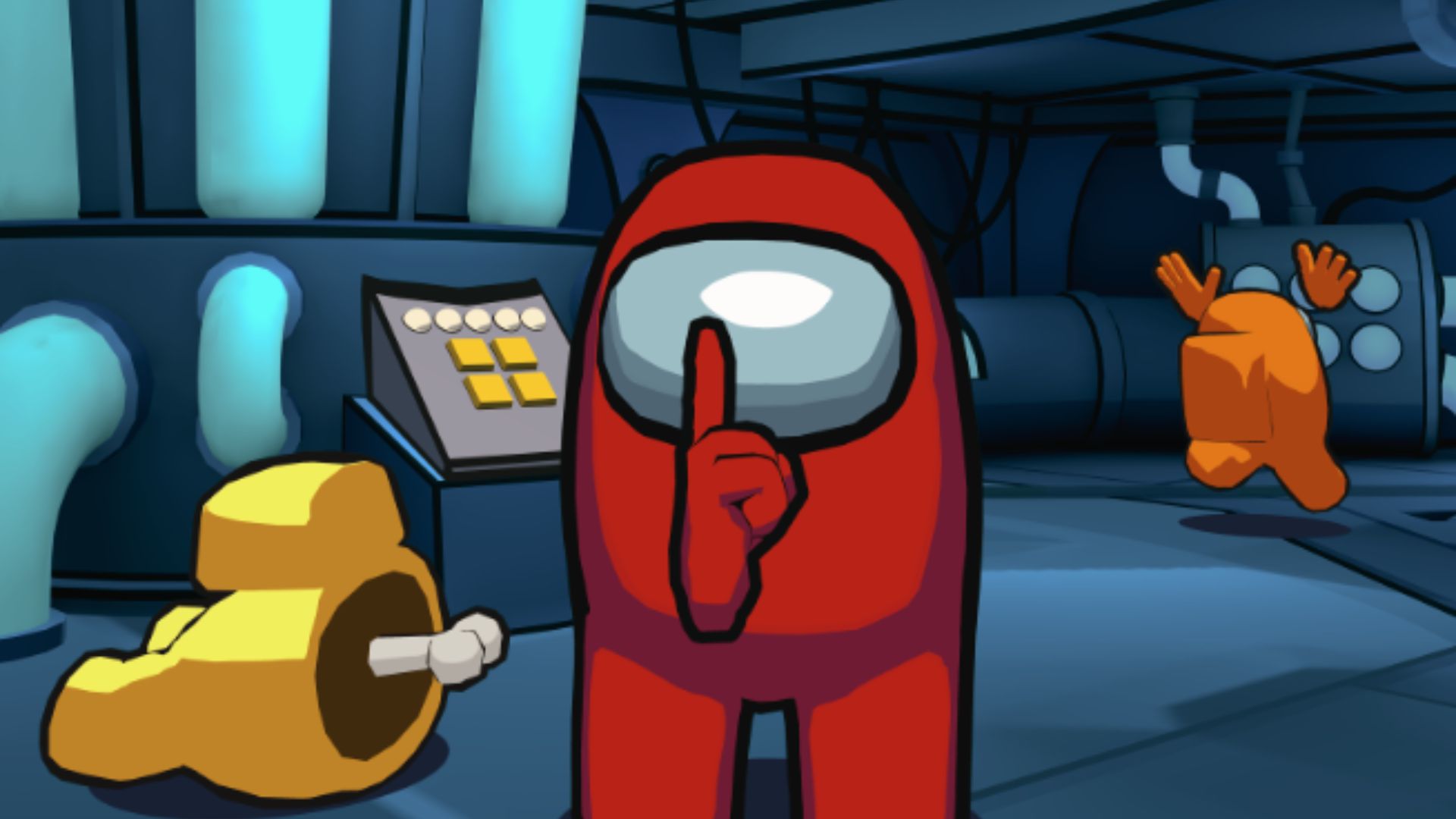 Red Among Us impostor shushes viewer as crewmates get eliminated in spaceship hallway scene