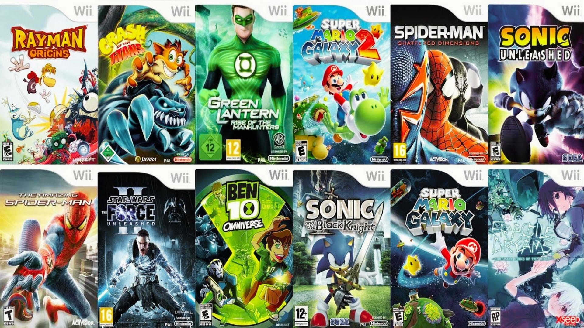 Grid of twelve Wii game covers including Rayman Origins, Crash of the Titans, Super Mario Galaxy 2, Sonic Unleashed