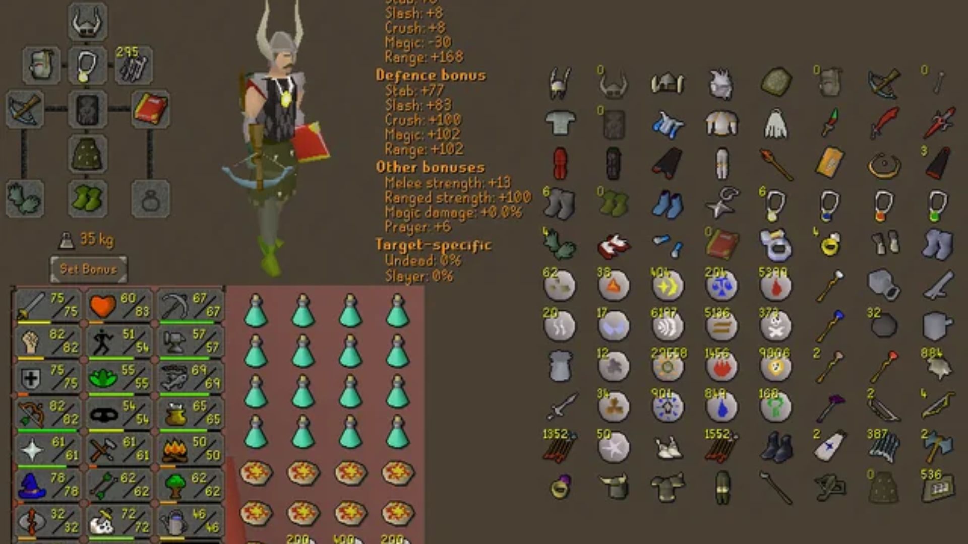 "Old School RuneScape equipment and inventory screen. A character in a horned helmet holds a crossbow and book. Stats show +168 Ranged and +100 Defence bonus. Inventory contains rows of teal potions and pizza, with bank items visible on the right."