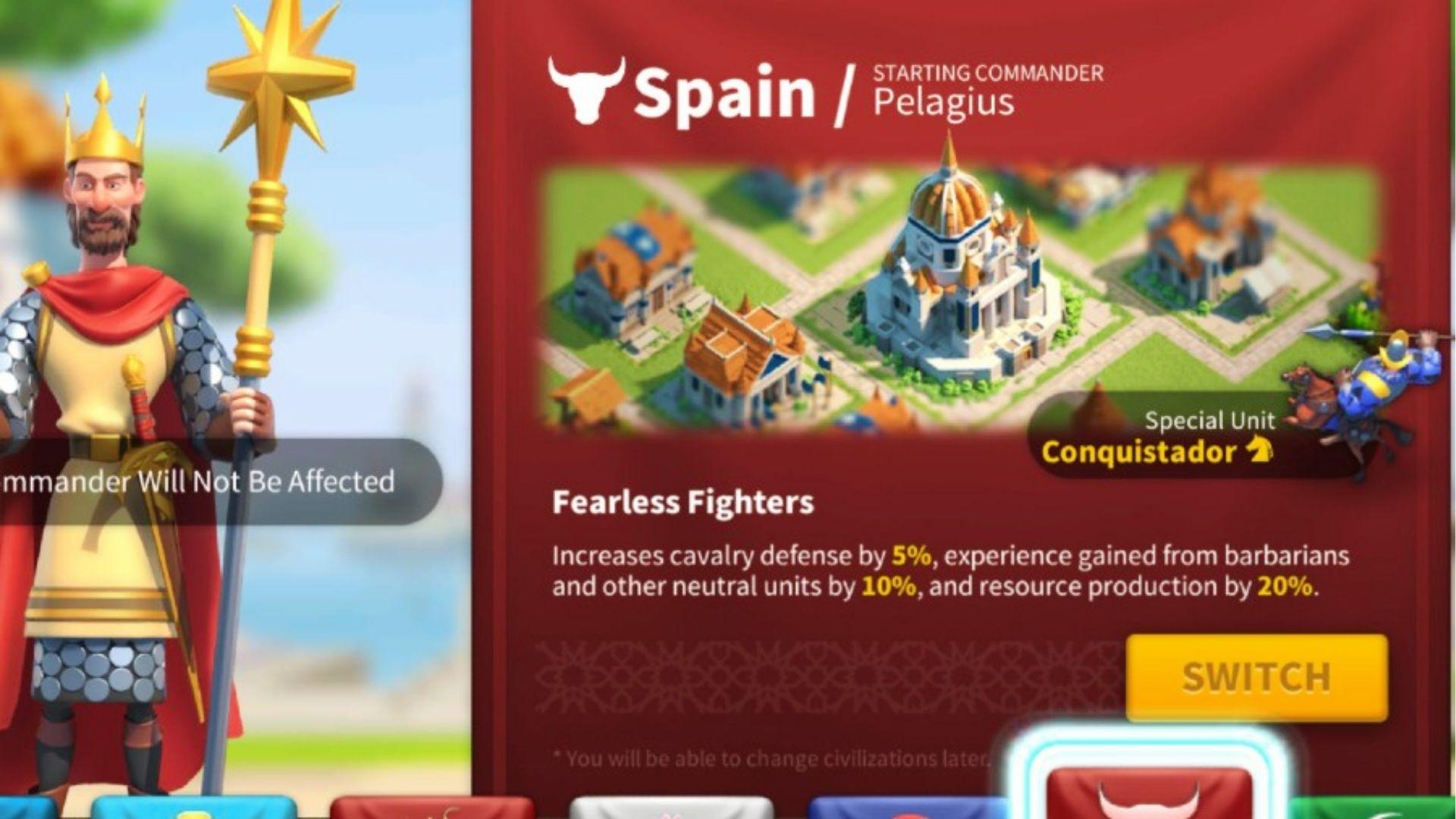 Spain civilization screen in Rise of Kingdoms featuring Pelagius commander, Conquistador cavalry, and Fearless Fighters resource production bonus