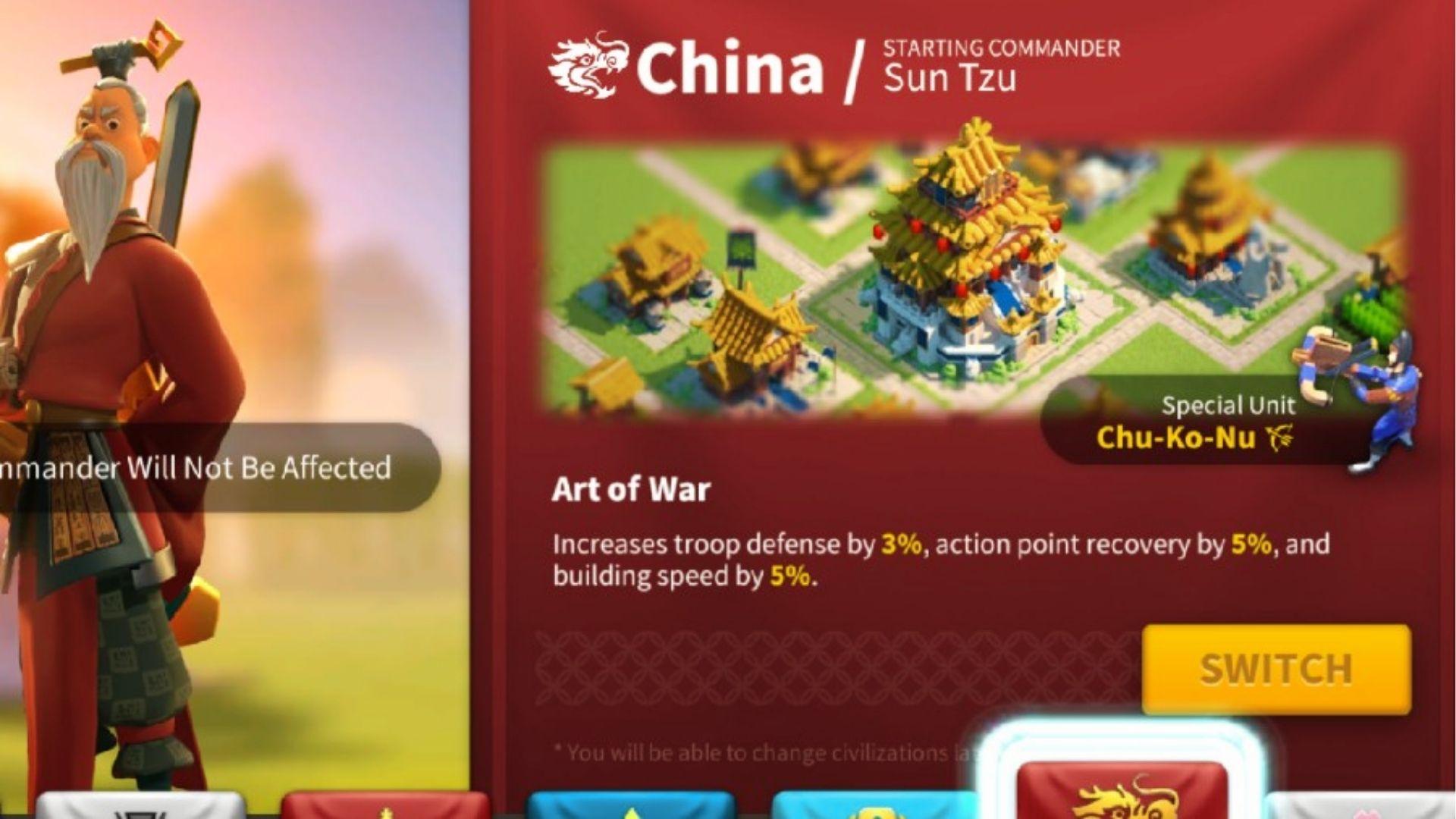Rise of Kingdoms China civilization with Sun Tzu commander, Chu-Ko-Nu special unit, and Art of War bonuses for best civilization choice