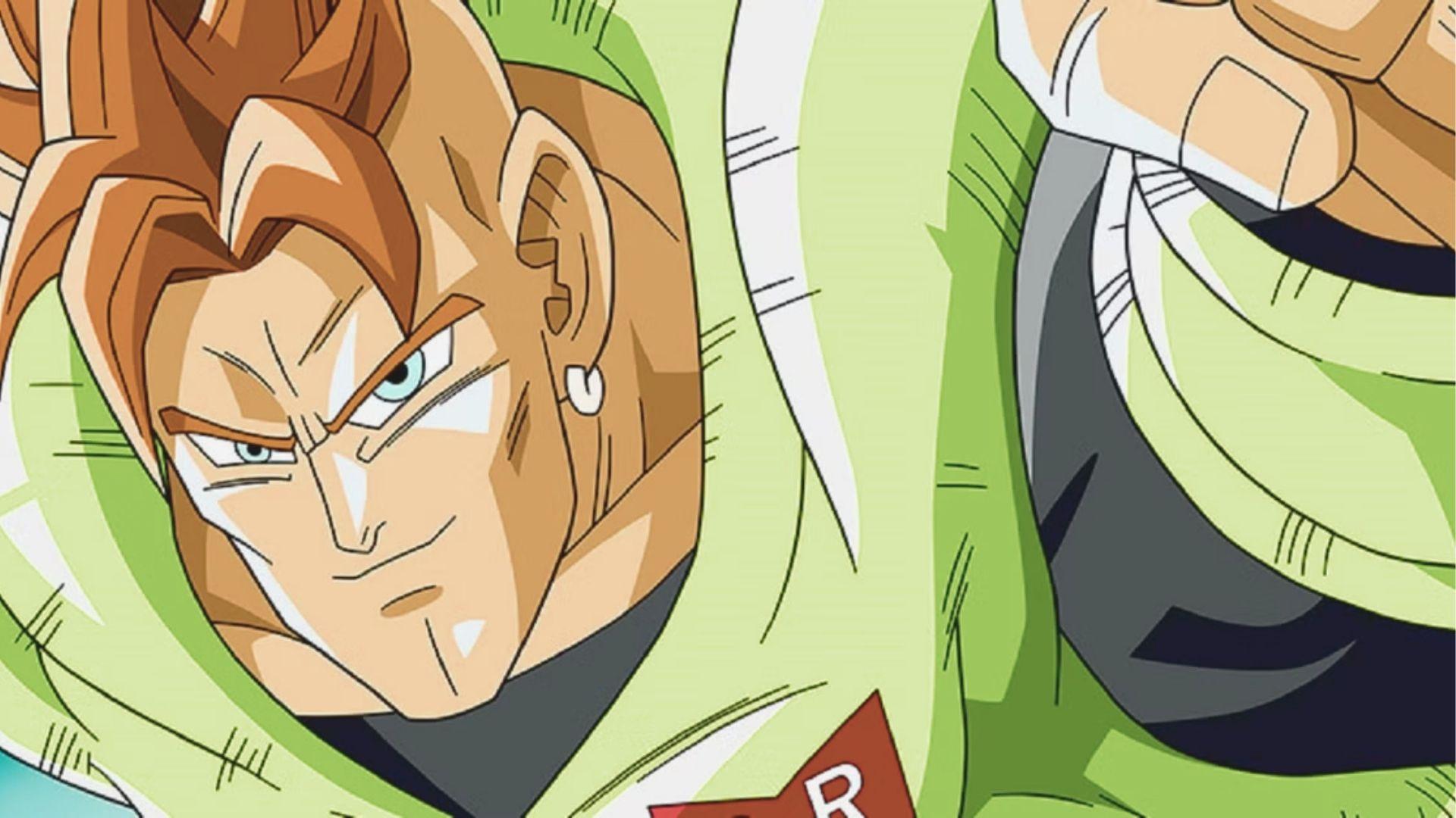 Red-haired android Android 16 from Dragon Ball glares forward with a stern expression in his green Red Ribbon Army jacket.