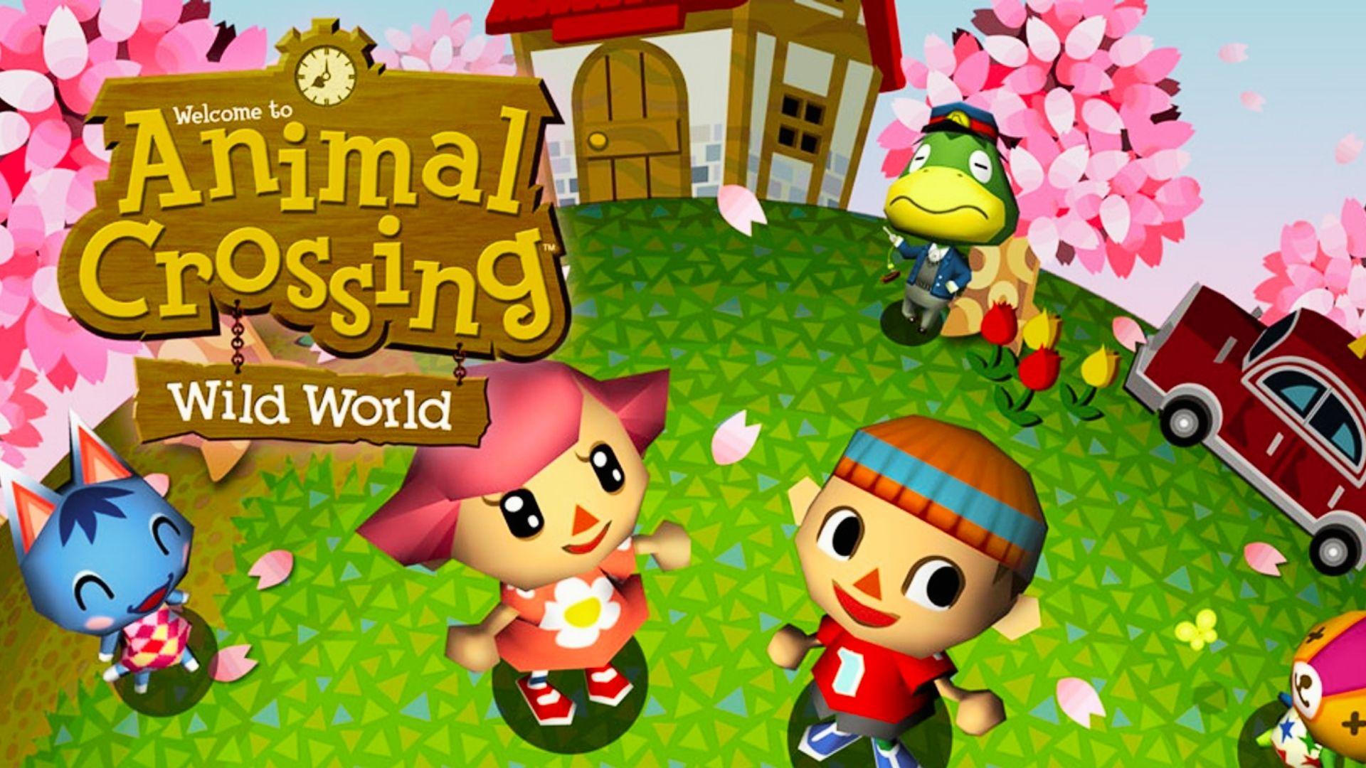 Animal Crossing Wild World cover art with girl, boy, Rosie cat, Kapp'n, house, tulips, logo, cherry blossoms