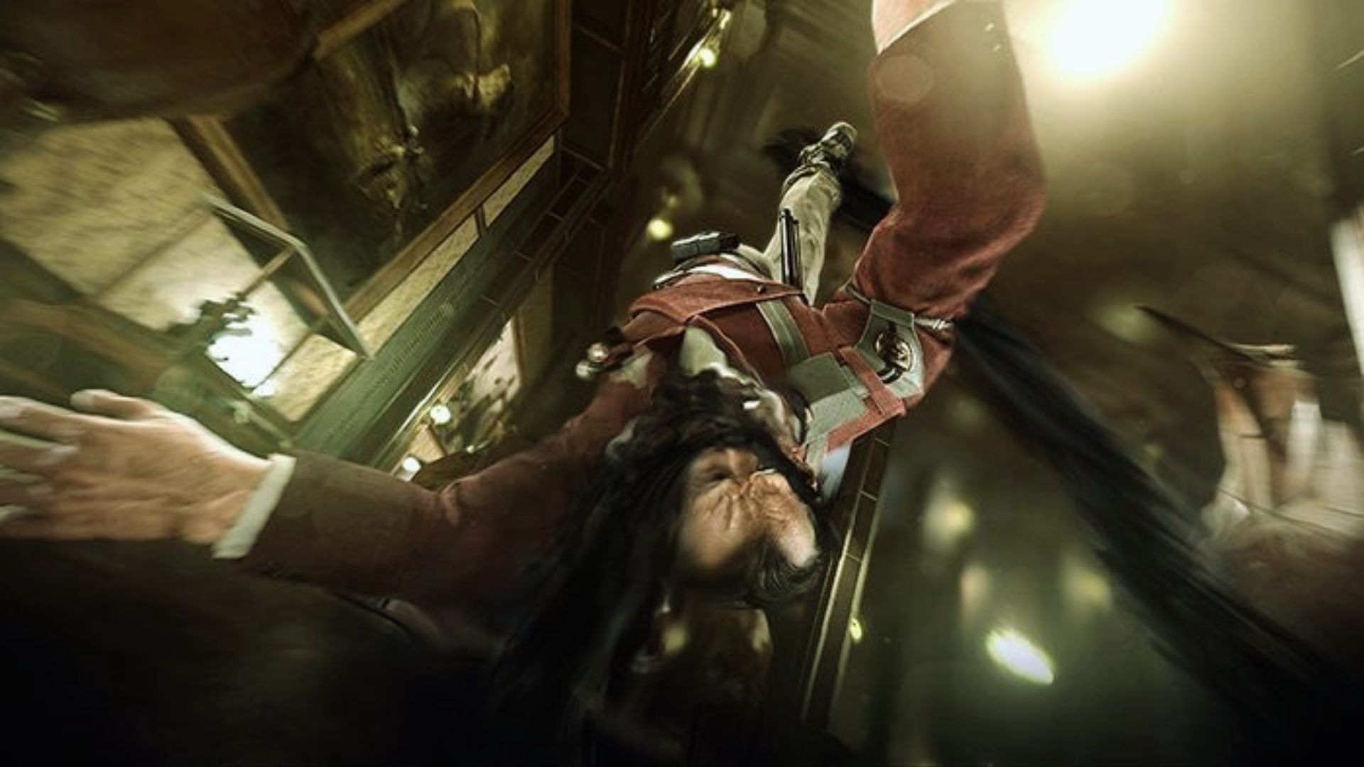 "First-person perspective of a man in a red military-style coat with gold trim falling headfirst down a tall, ornate interior space. His arms are outstretched and his face shows distress. Motion blur and dramatic lighting emphasize the fall, with framed paintings and wood-paneled walls visible along the staircase."