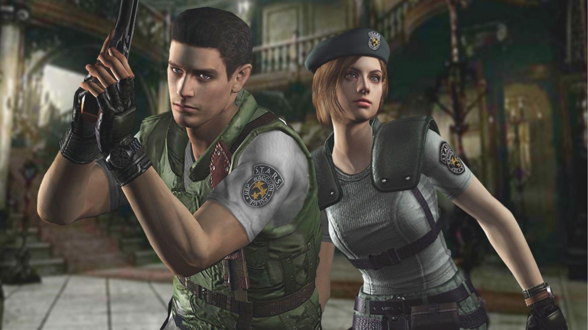 Two S.T.A.R.S. officers in tactical gear stand back-to-back inside a decrepit mansion, weapons drawn.