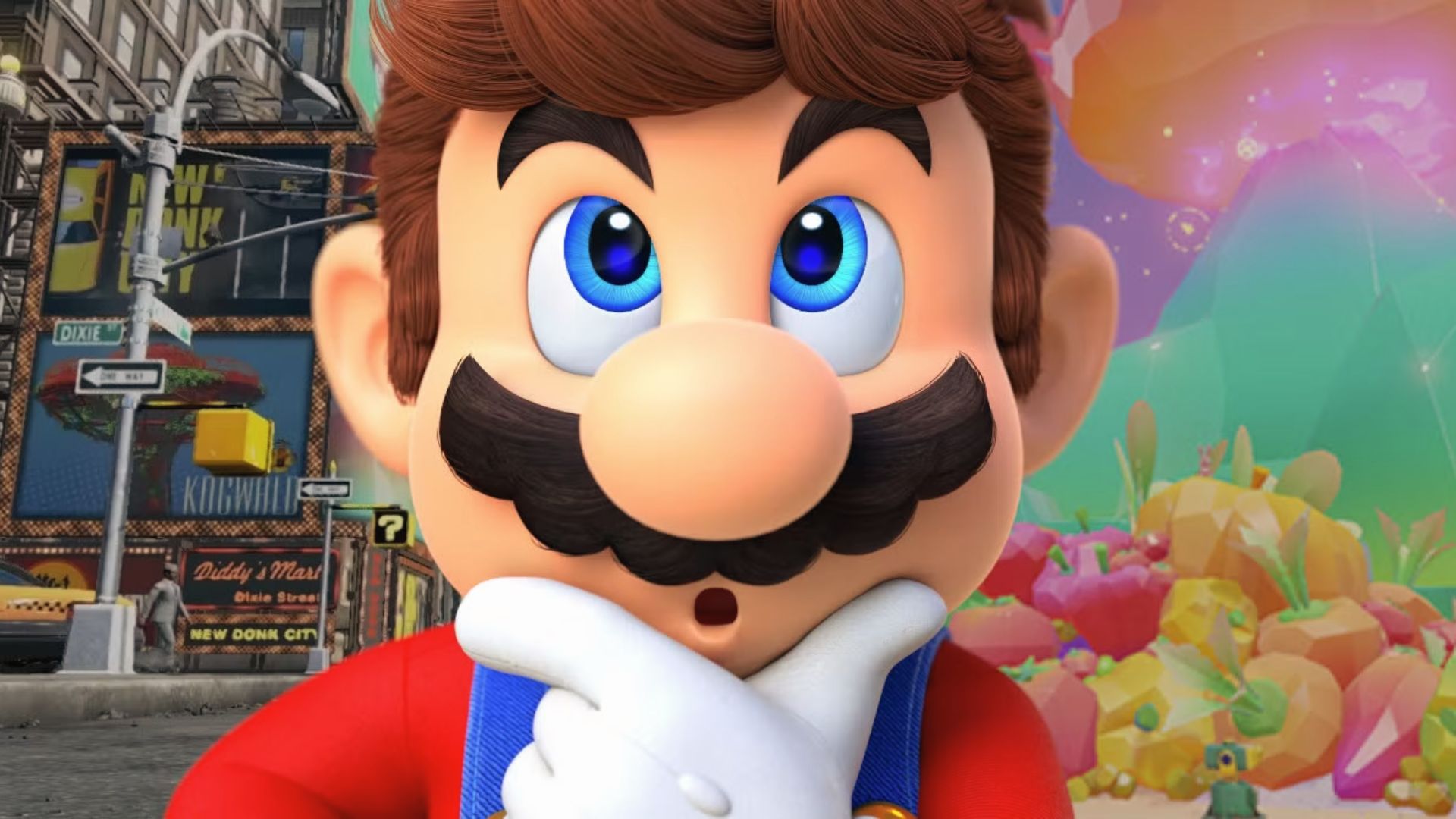 A curious Mario finds New Donk City in Super Mario Odyssey with a colorful Luncheon Kingdom behind.