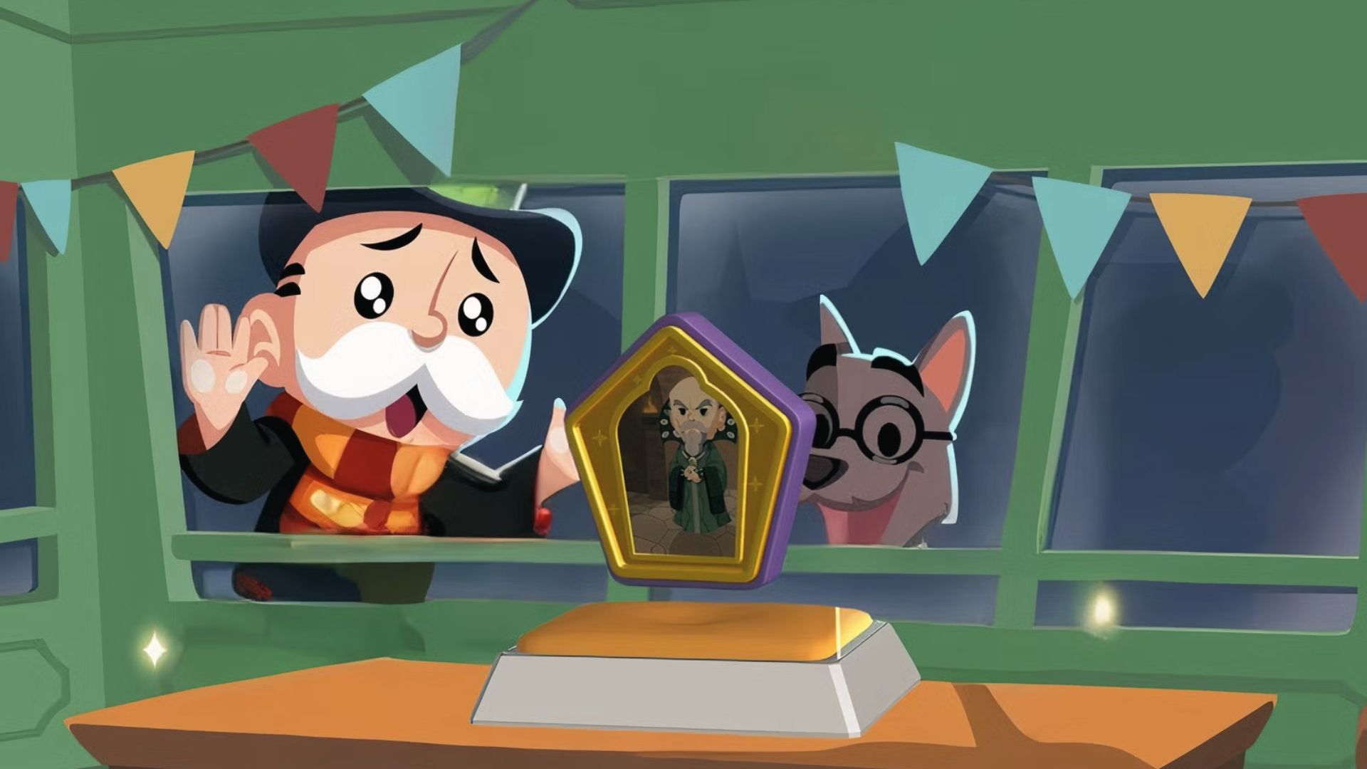 Mr. M and dog wave at golden frame shield on train, unlocking limited event shield skin in Monopoly Go.