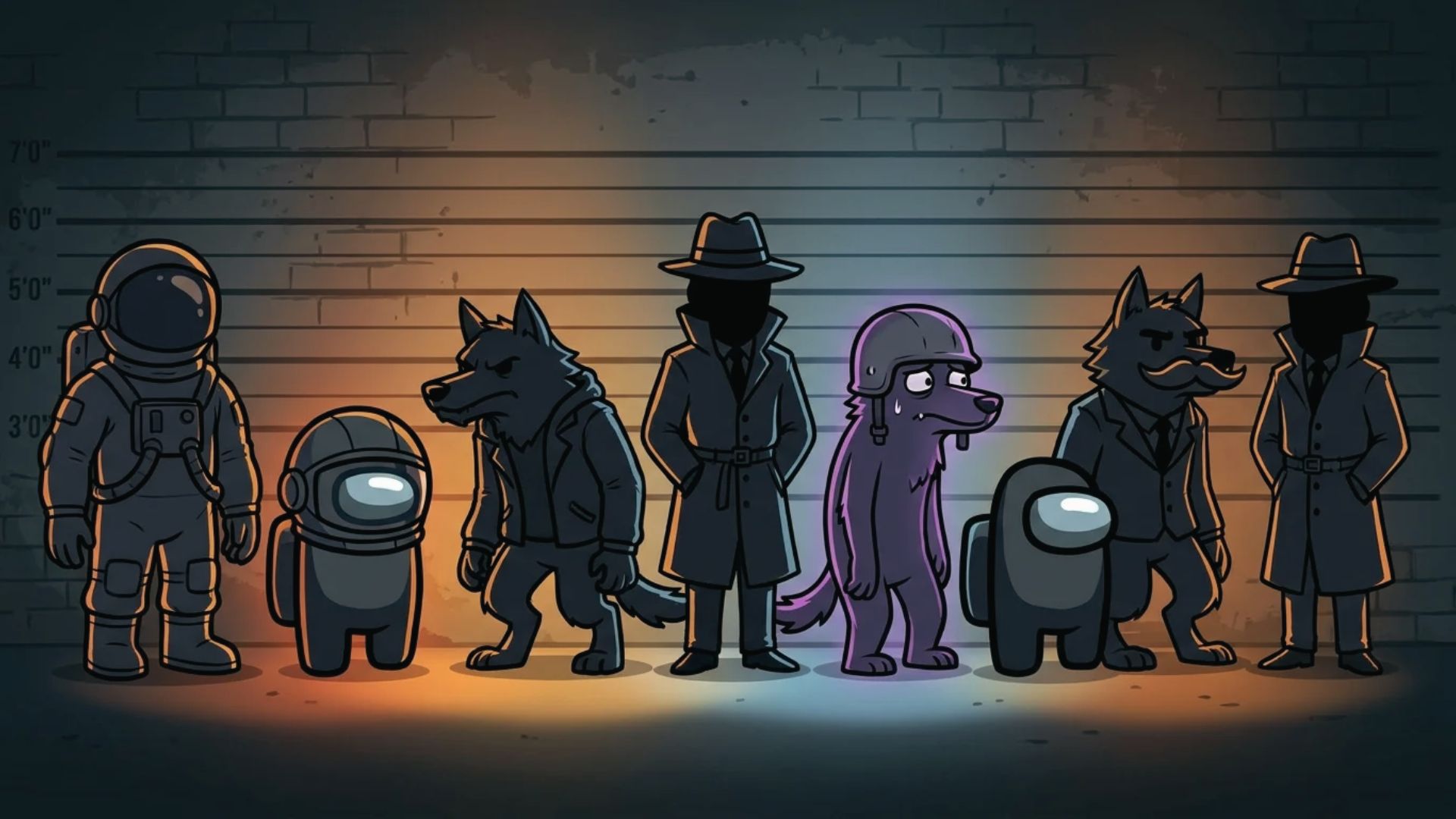 Among Us crewmates and impostors in police lineup with wolves and detectives for game review art
