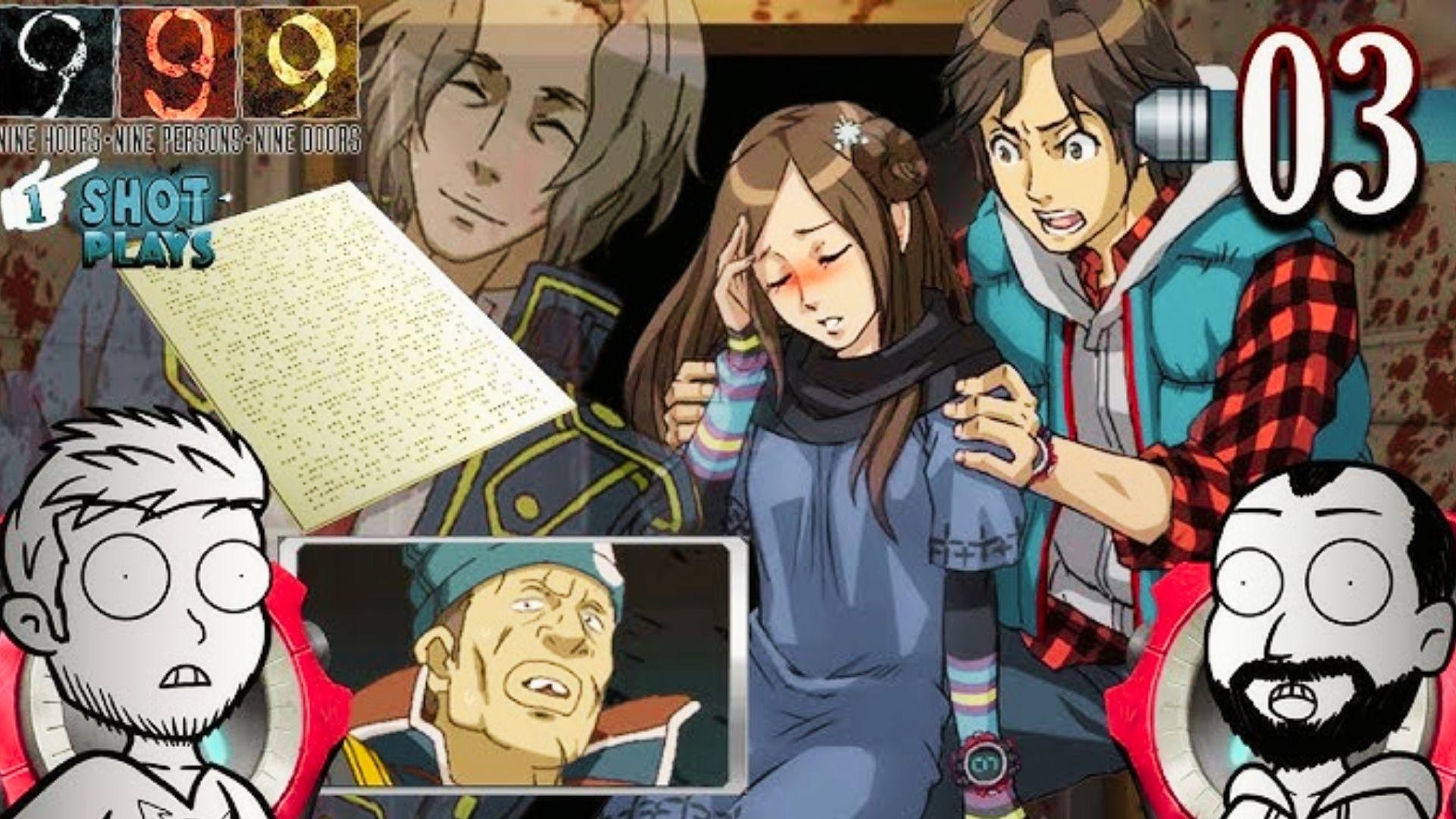 999 Nine Hours Nine Persons Nine Doors thumbnail with anime characters, 1 Shot Plays hosts, episode 03 text, blood