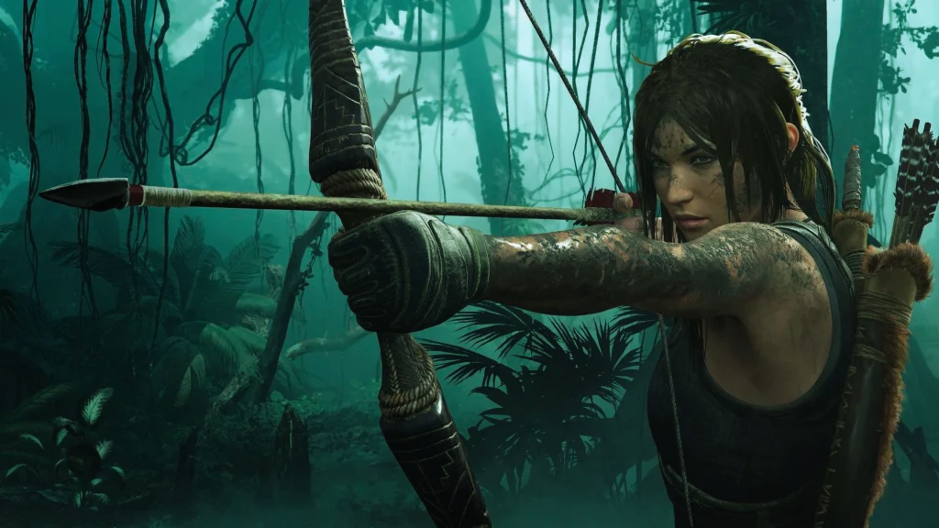 "A mud-covered female adventurer draws a carved wooden bow in a dense, misty jungle. She wears a dark tank top and fingerless gloves, with a quiver of arrows on her back. Vines hang from tall trees and tropical foliage fills the teal-tinted background. She has an intense, focused expression."