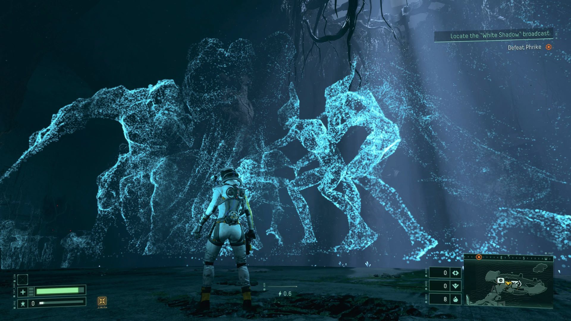Selene watches alien hologram figures in dark cave tied to lore and survey trophy objectives