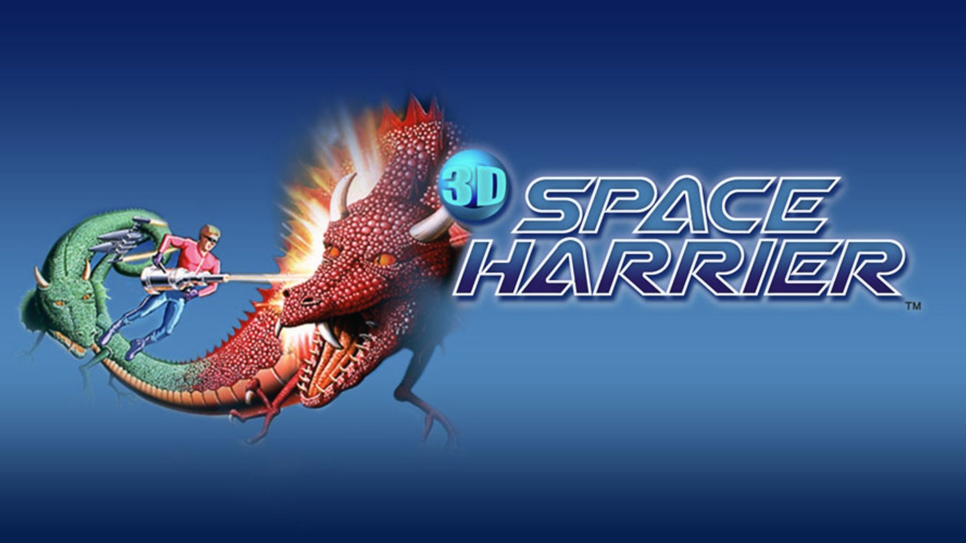 Hero fires at red and green dragons mid-flight, 3D Space Harrier Master System on-rails shooter