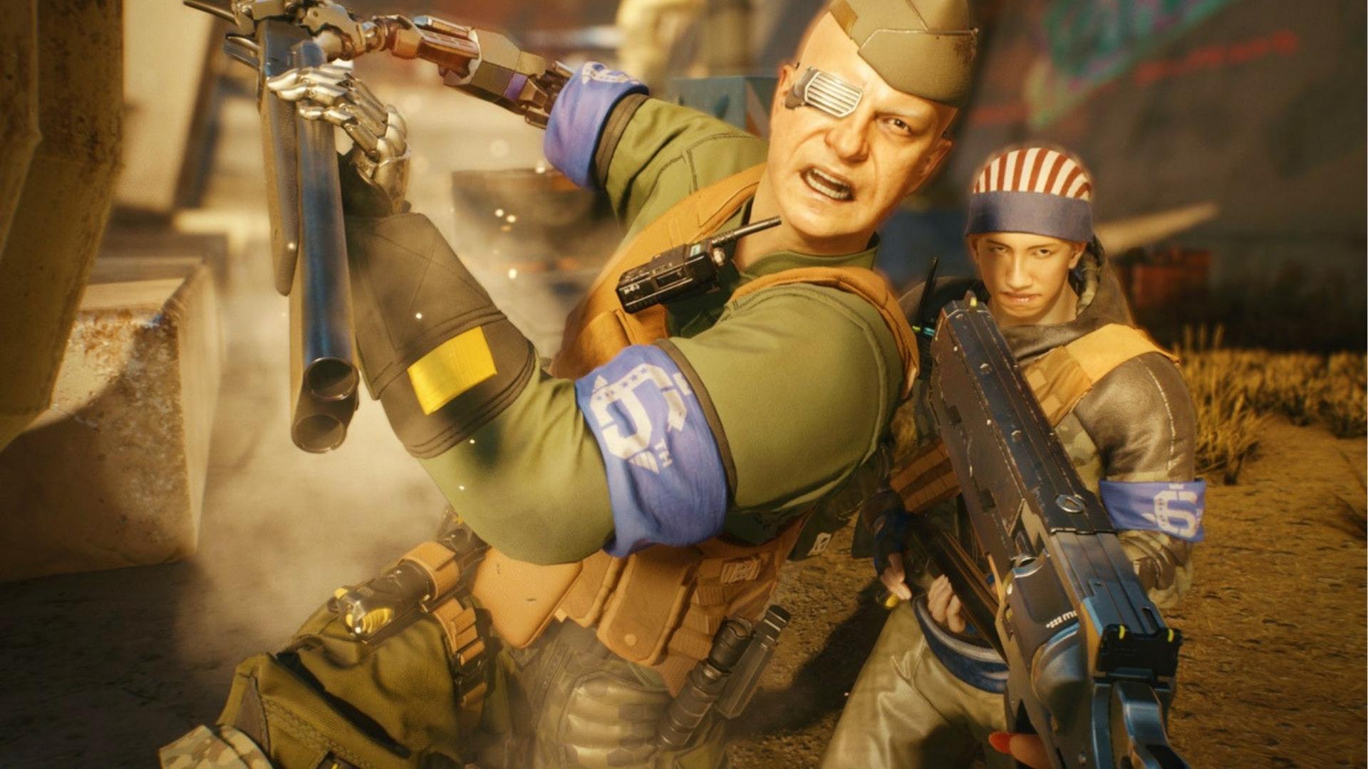 6th Street gang member with cybernetic arm, eyepatch, and military cap fires shotgun while younger gangster aims pistol beside him.