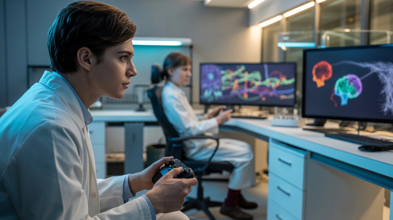 "A neuroscience lab scene where a researcher observes behavioral data while a person plays video games, representing scientific study of gaming and human behavior"