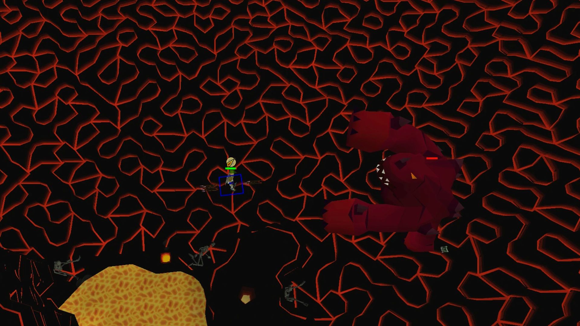 "Top-down Old School RuneScape gameplay of the Inferno. A player character highlighted with a blue square stands on lava-textured ground facing the large red TzKal-Zuk boss. Skeleton enemies and a lava pool are visible."