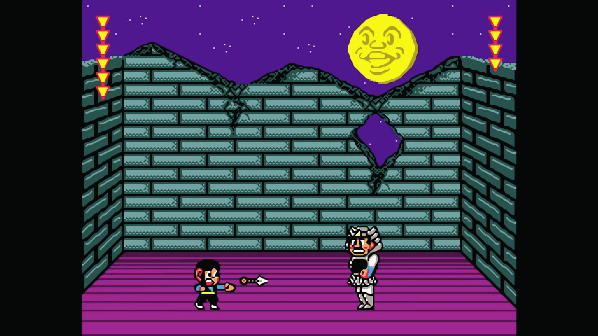 Boy shoots arrow at knight under grinning moon, Alex Kidd Master System boss battle in stone room