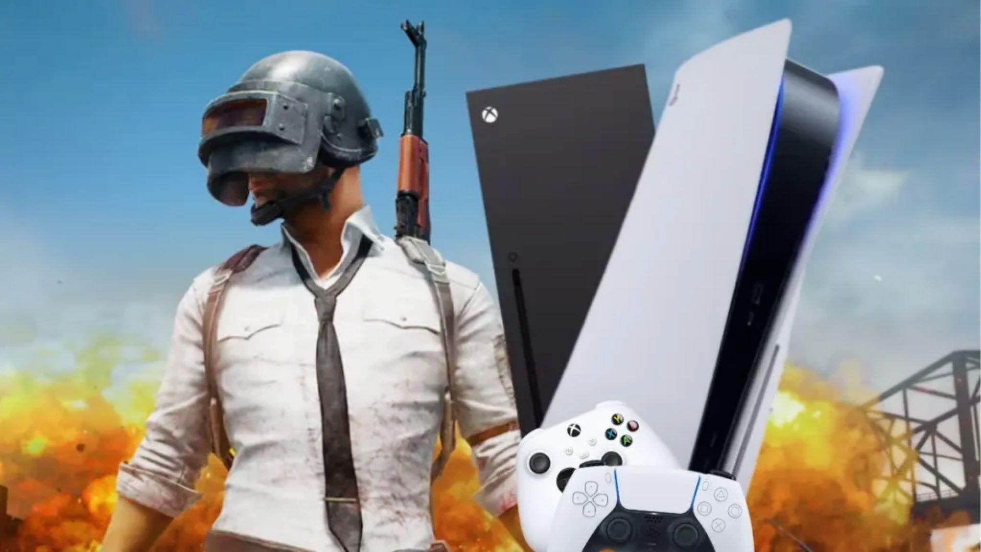 PUBG character next to PS5 console, Xbox Series X, and controllers with explosions, visualizing PUBG Mobile PS5 cross-platform possibilities 2026
