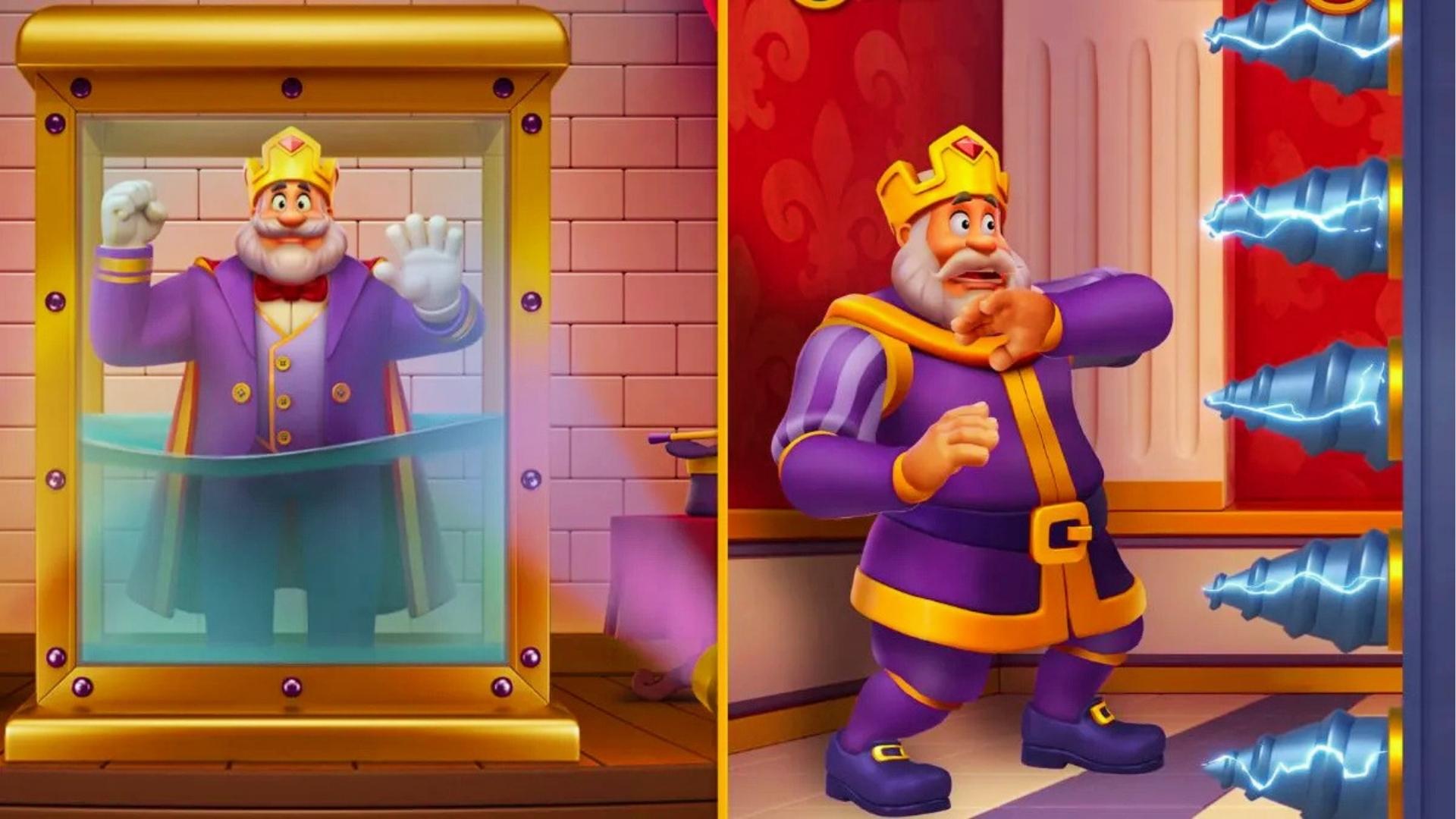 Split scene shows king trapped in water tank on left and same king dodging electric drills on right in Royal Match.