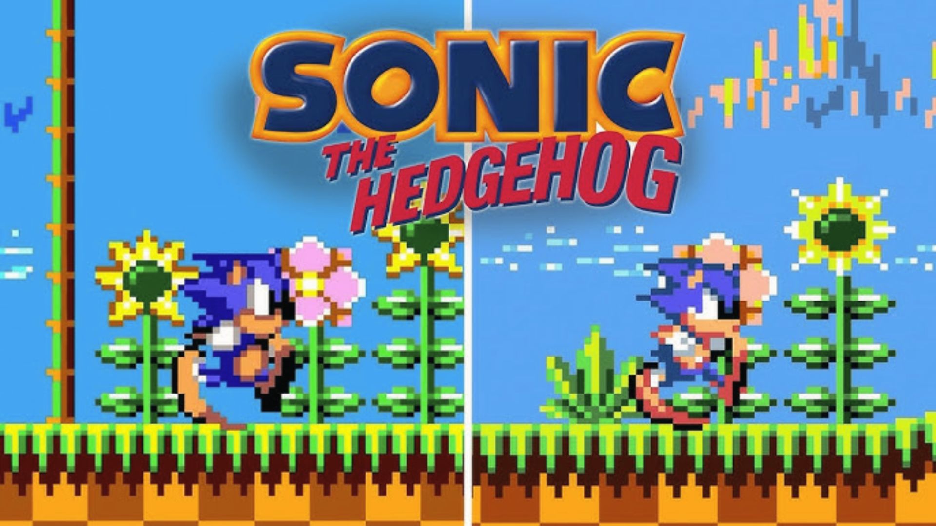 Sonic the Hedgehog runs through Green Hill Zone in split-screen pixel art, a top Master System platformer