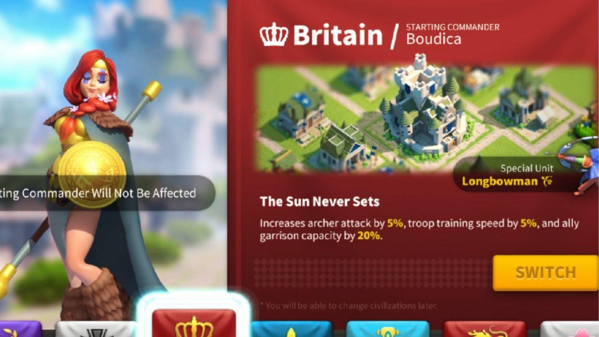 Rise of Kingdoms Britain civilization screen showing Boudica commander, Longbowman special unit, and The Sun Never Sets buffs
