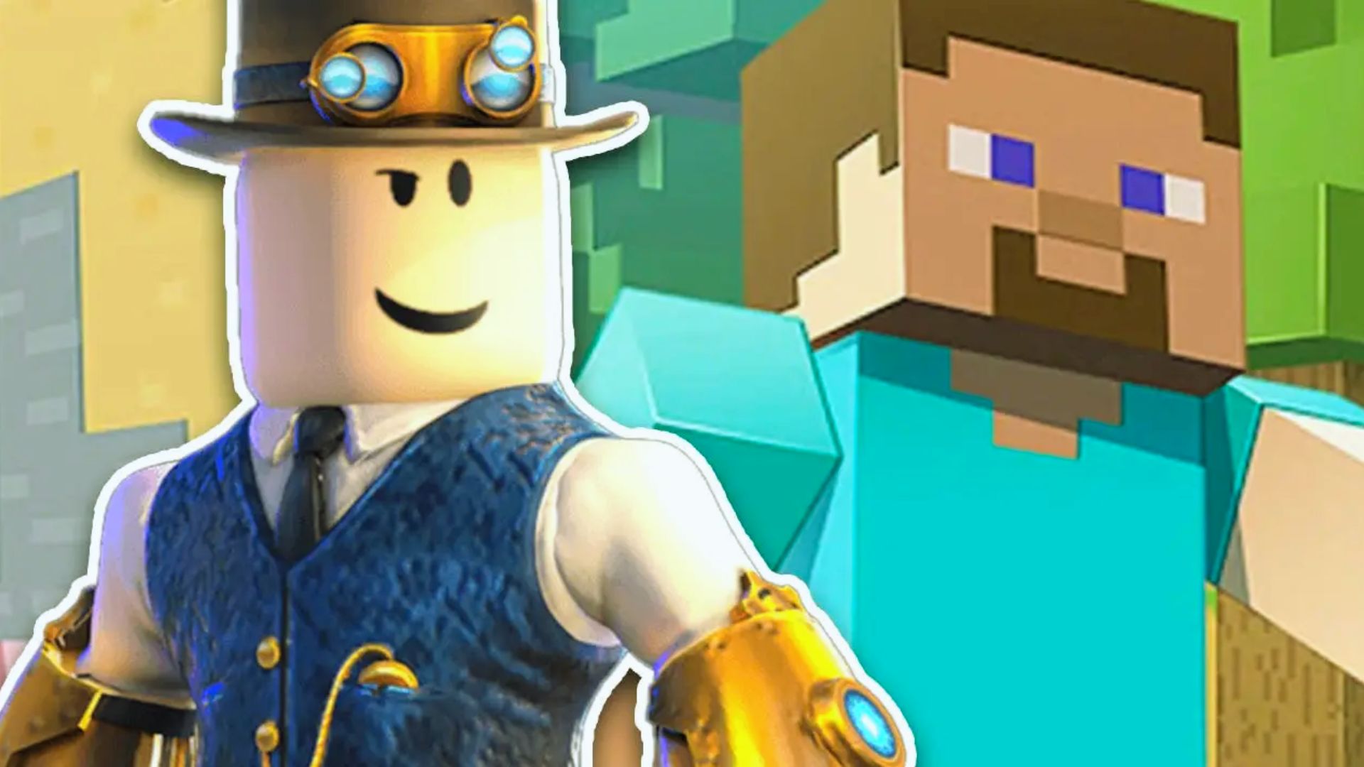 "Roblox avatar wearing a top hat with goggles, vest, and golden mechanical arms stands next to Minecraft character Steve with a blocky background"