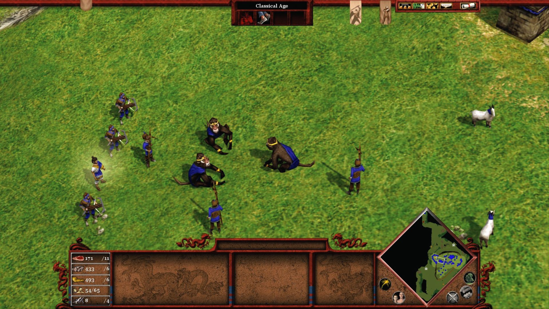 Chinese crossbowmen and Monkey King myth units advance with goats in Classical Age gameplay.