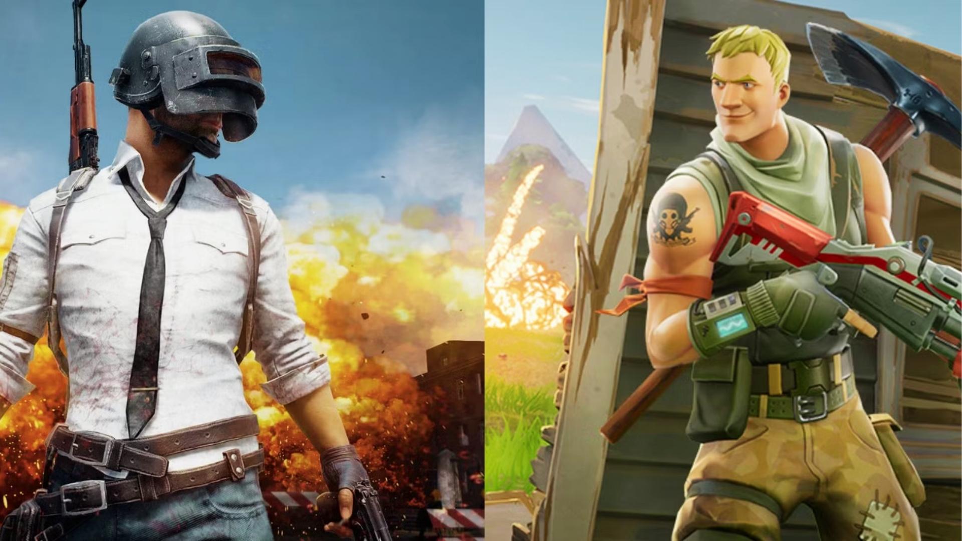 PUBG's iconic helmeted protagonist in white shirt stands before flames beside Fortnite's Jonesy holding shotgun in split-screen artwork.