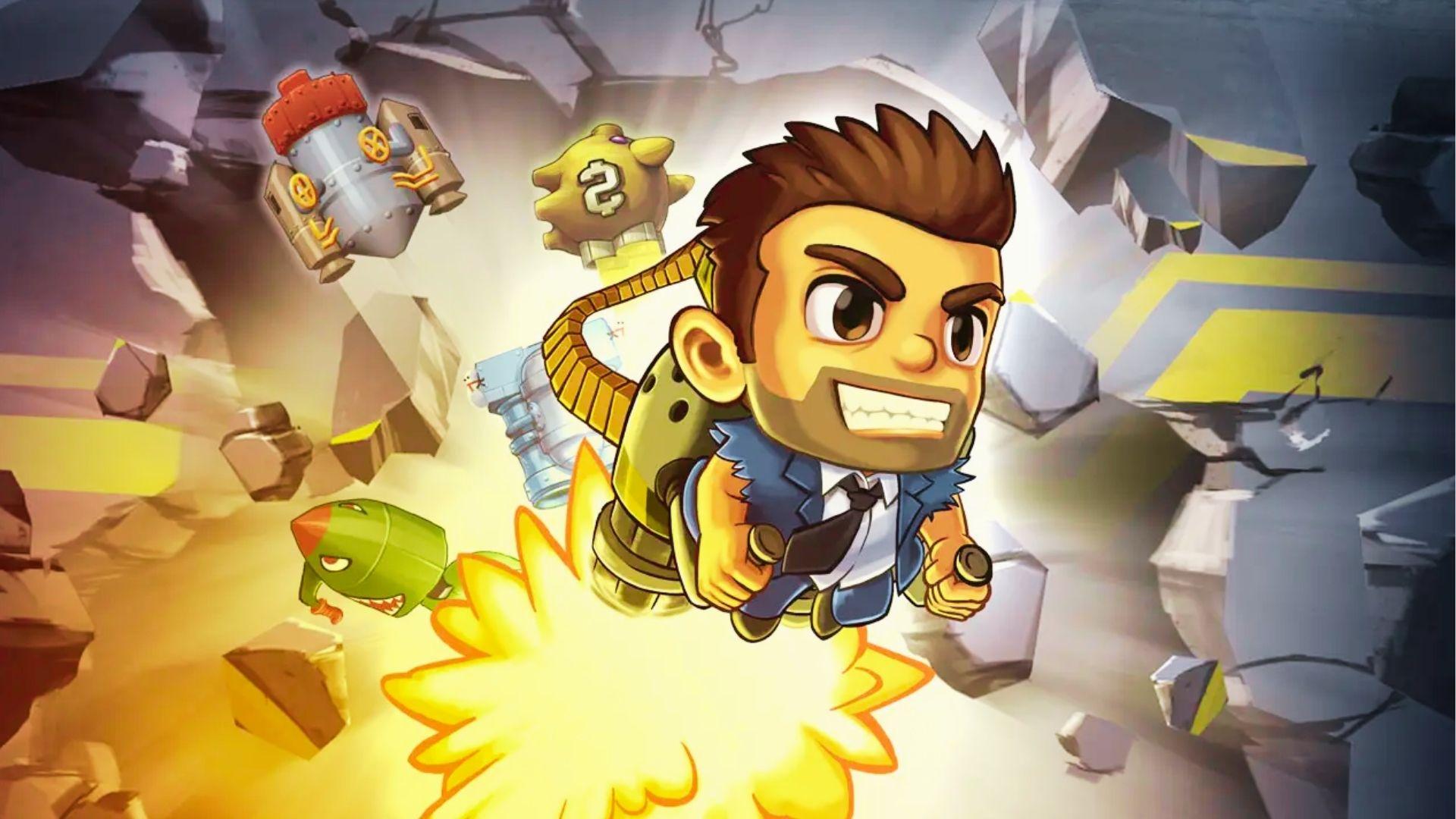 Jetpack Joyride key art with Barry Steakfries in suit blasting through debris, rockets, piggy bank, missile chasing