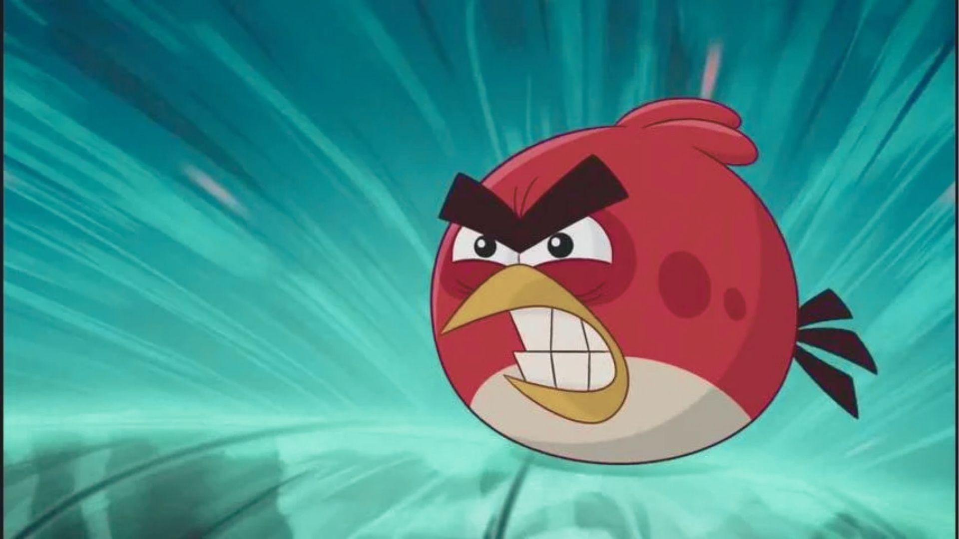 Round red bird Red from Angry Birds grits his teeth with furious, furrowed eyebrows.