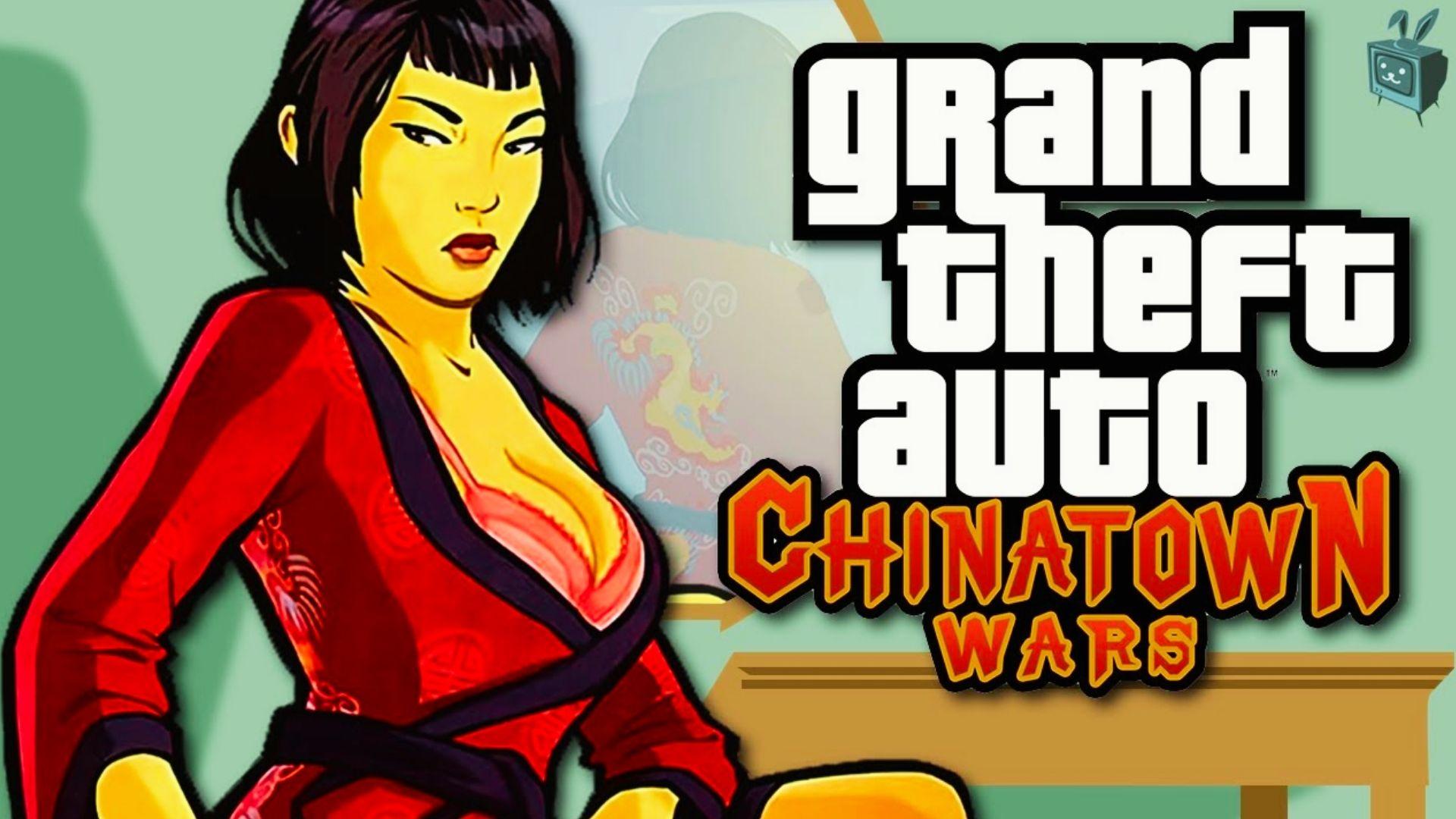 Grand Theft Auto Chinatown Wars art showing woman in red cheongsam with game logo, green background, shadow silhouette