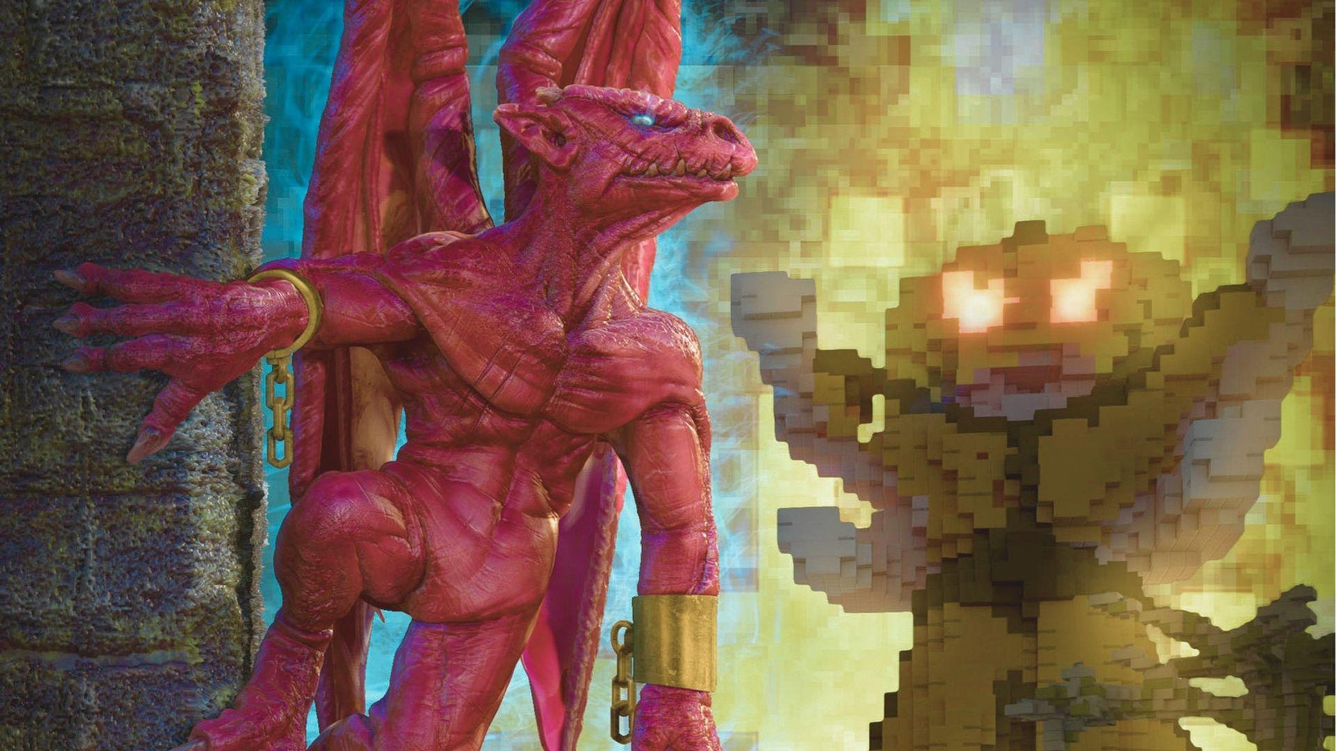 Red-skinned gargoyle demon Firebrand clings to a stone wall with gold shackles on his wrists.