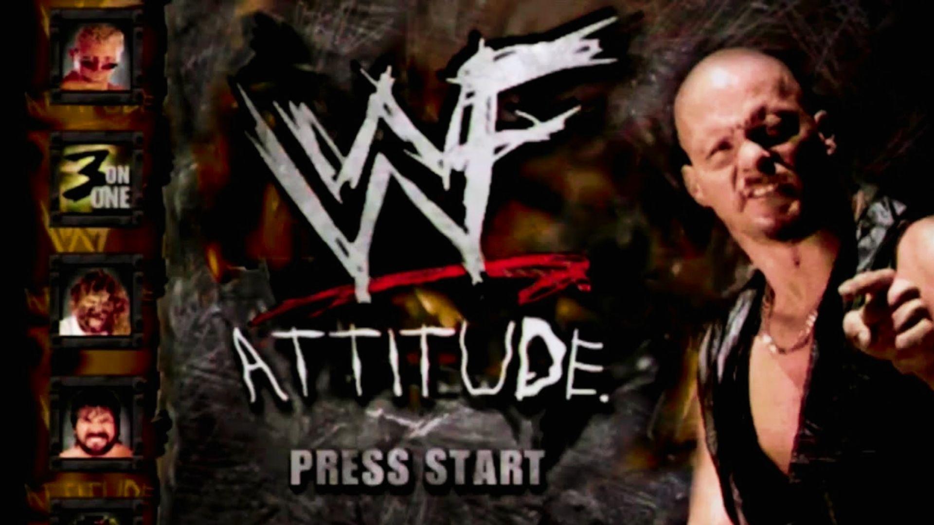 WWF Attitude title screen featuring Stone Cold Steve Austin pointing, menu icons, Press Start text, dark background