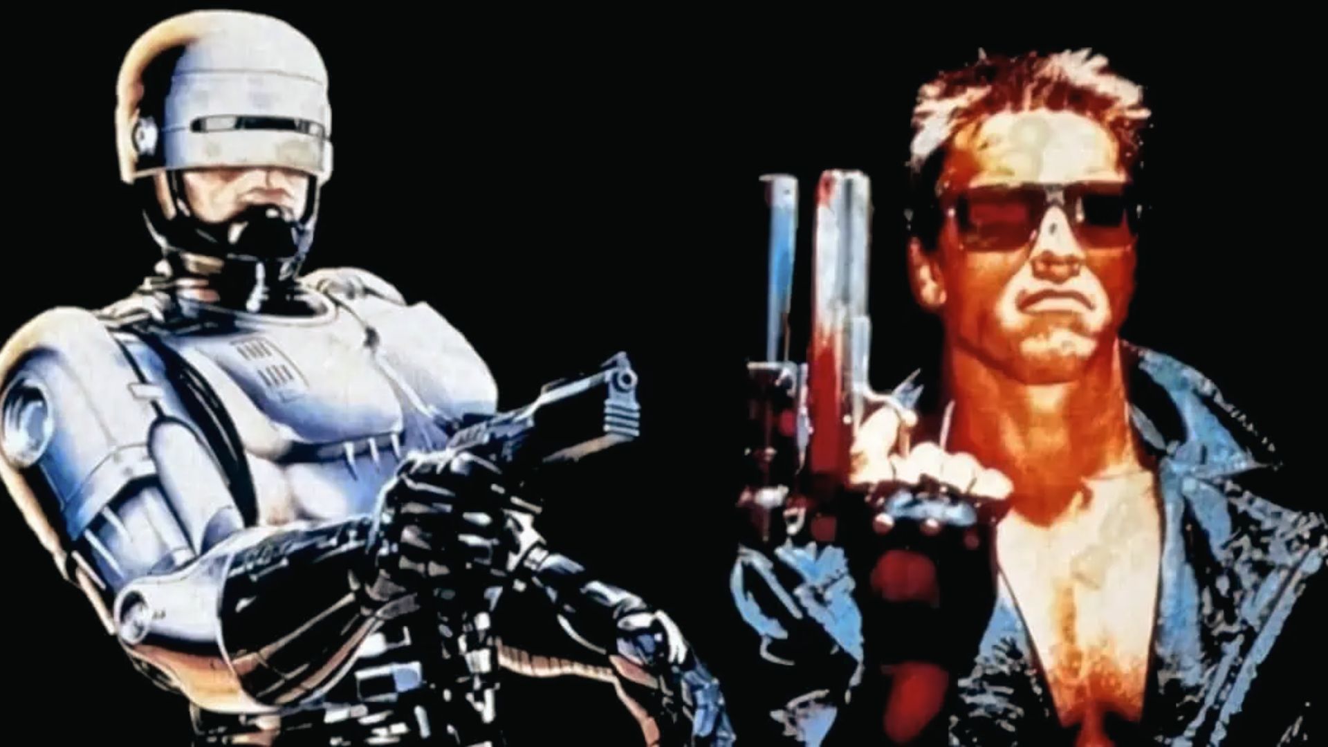 RoboCop and Terminator pose with guns on black, iconic 80s sci-fi crossover Master System brawler
