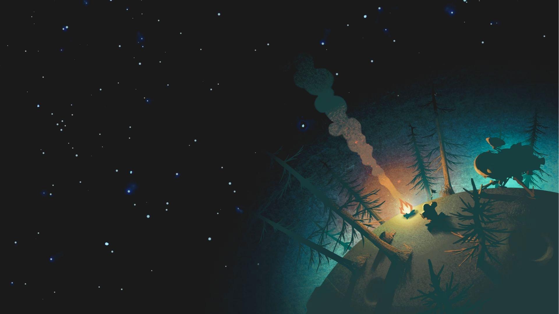 A Hearthian astronaut sits by a campfire on Timber Hearth at night, with their wooden ship parked nearby under a star-filled sky.