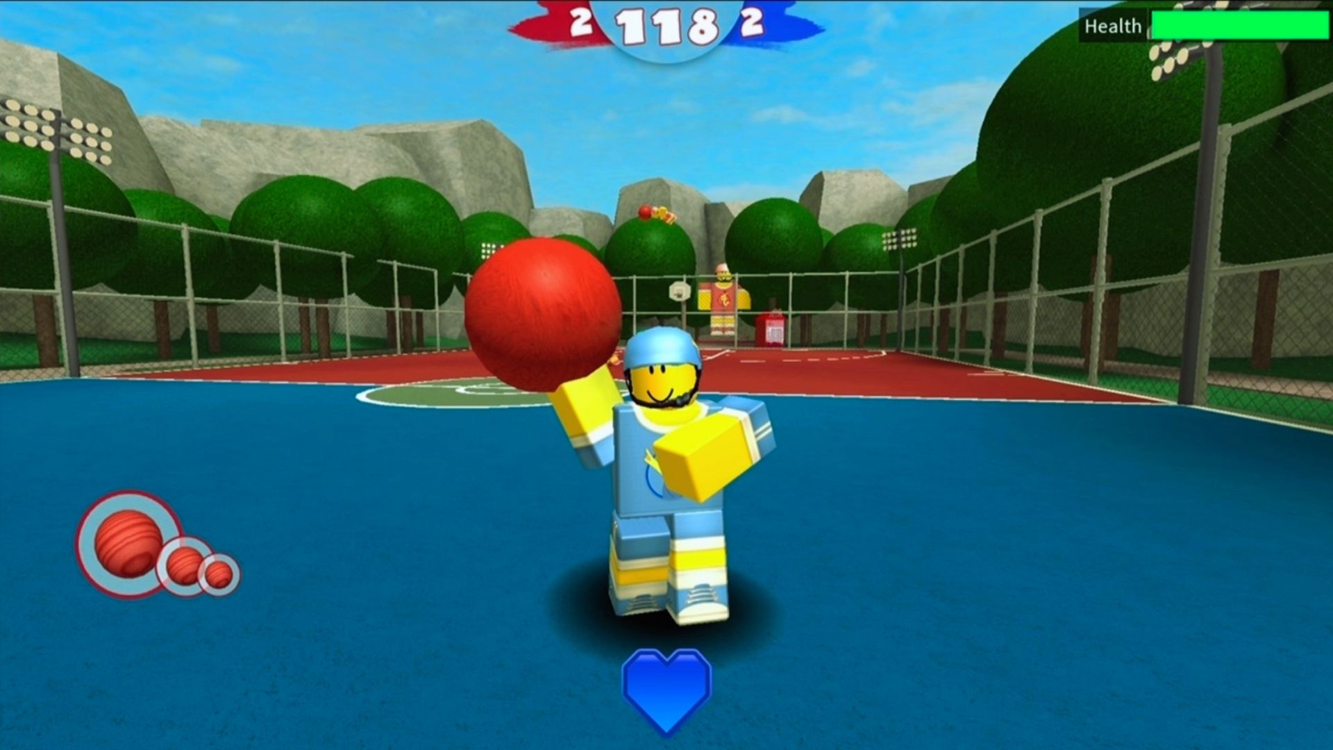 "Roblox character in blue sports gear and helmet holding a large red dodgeball on a blue court, with game UI showing score 2-118-2, health bar, and ball icons"