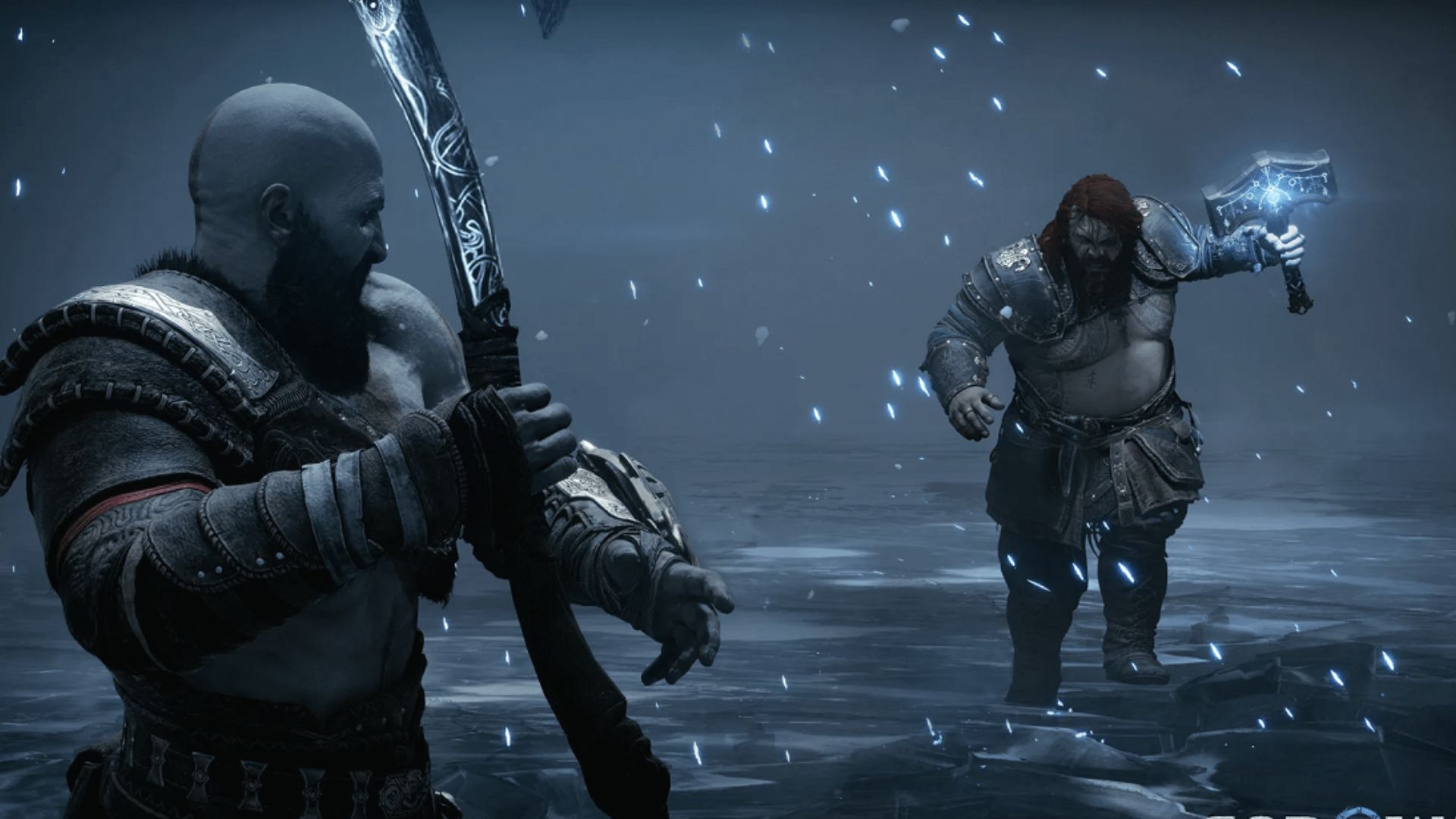 Kratos faces Thor with Mjolnir on ice, depicting boss fights similar to Ratchet and Clank PS4.