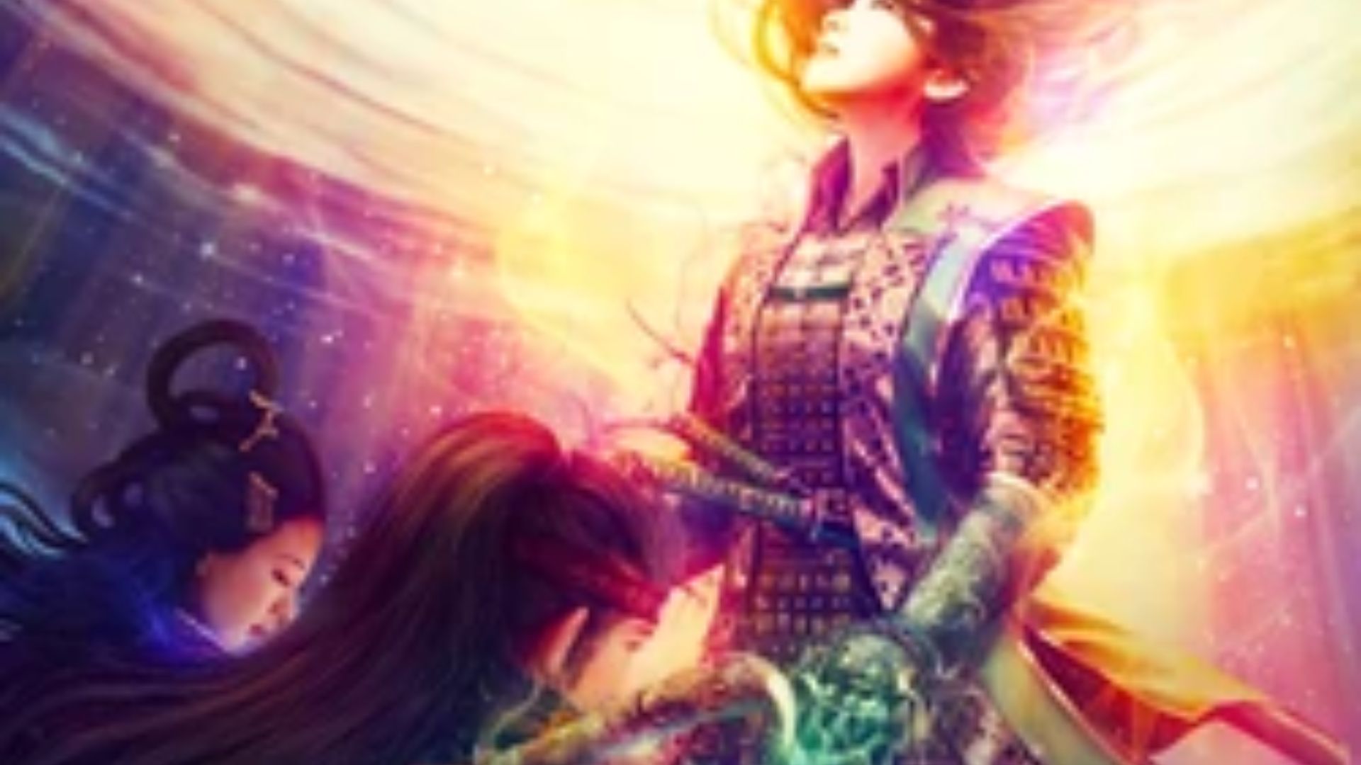 "Fantasy art of three armored figures with swords against a bright, cosmic sky.”