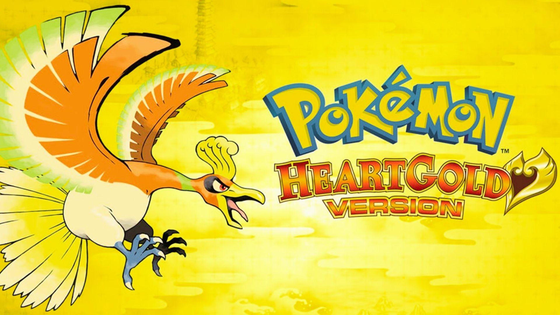 Pokémon HeartGold Version cover art featuring Ho-Oh flying left, game logo on yellow background, faint pagoda silhouette