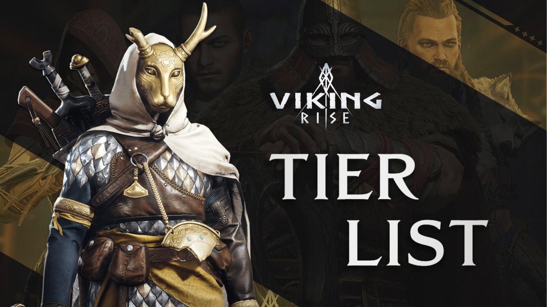 Viking Rise mobile game tier list banner featuring masked warrior character with horned helmet for strategy game rankings