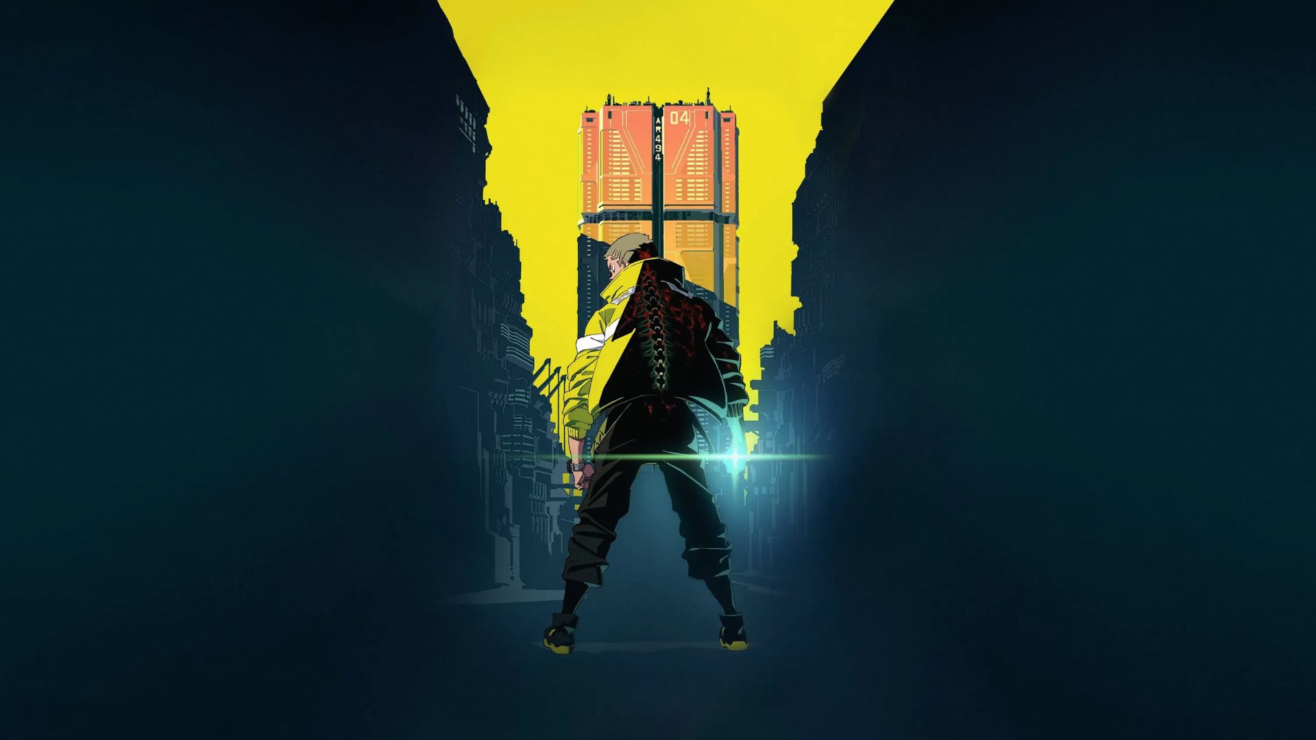 Cyberpunk Edgerunners hero faces neon megatowers, glowing cybernetic spine exposed.