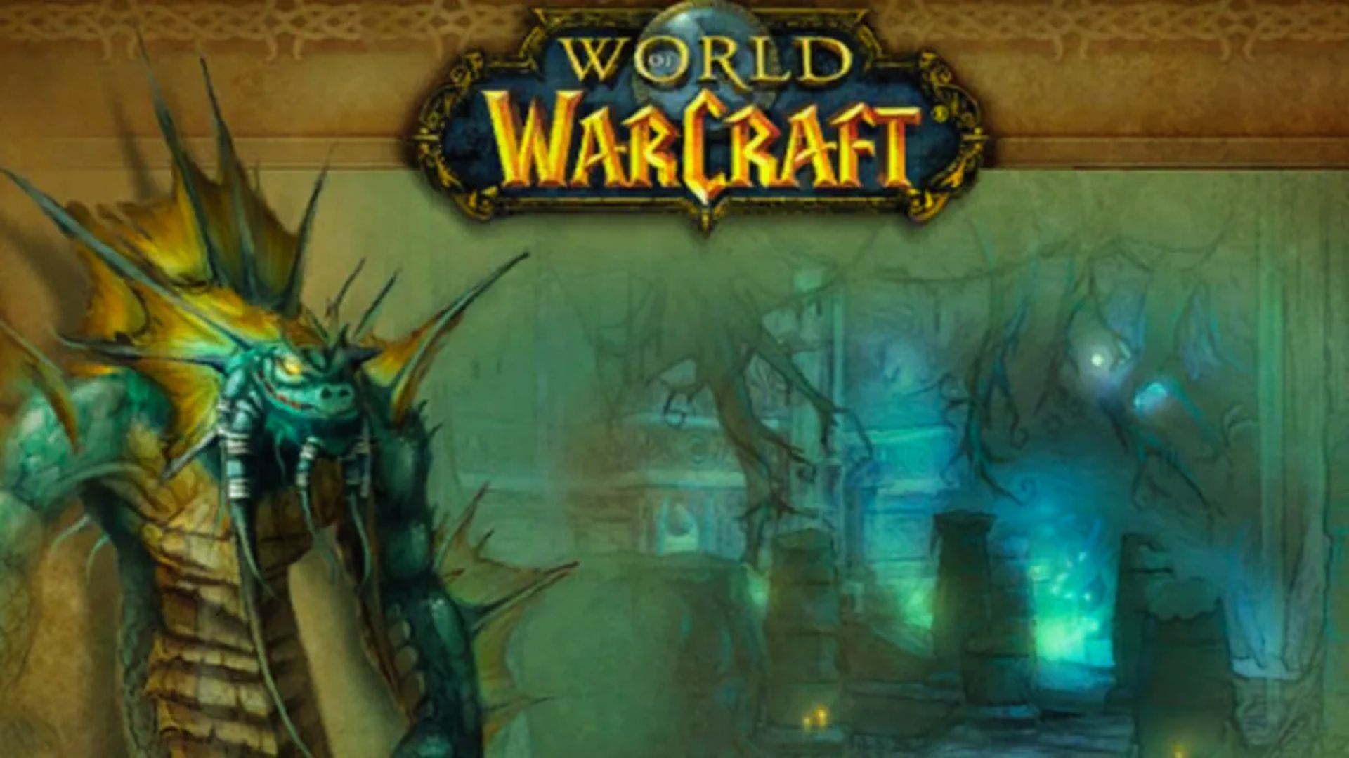 "World of Warcraft art of a Naga with spiked fins and glowing eyes beside the game logo, with eerie underwater ruins in the background."