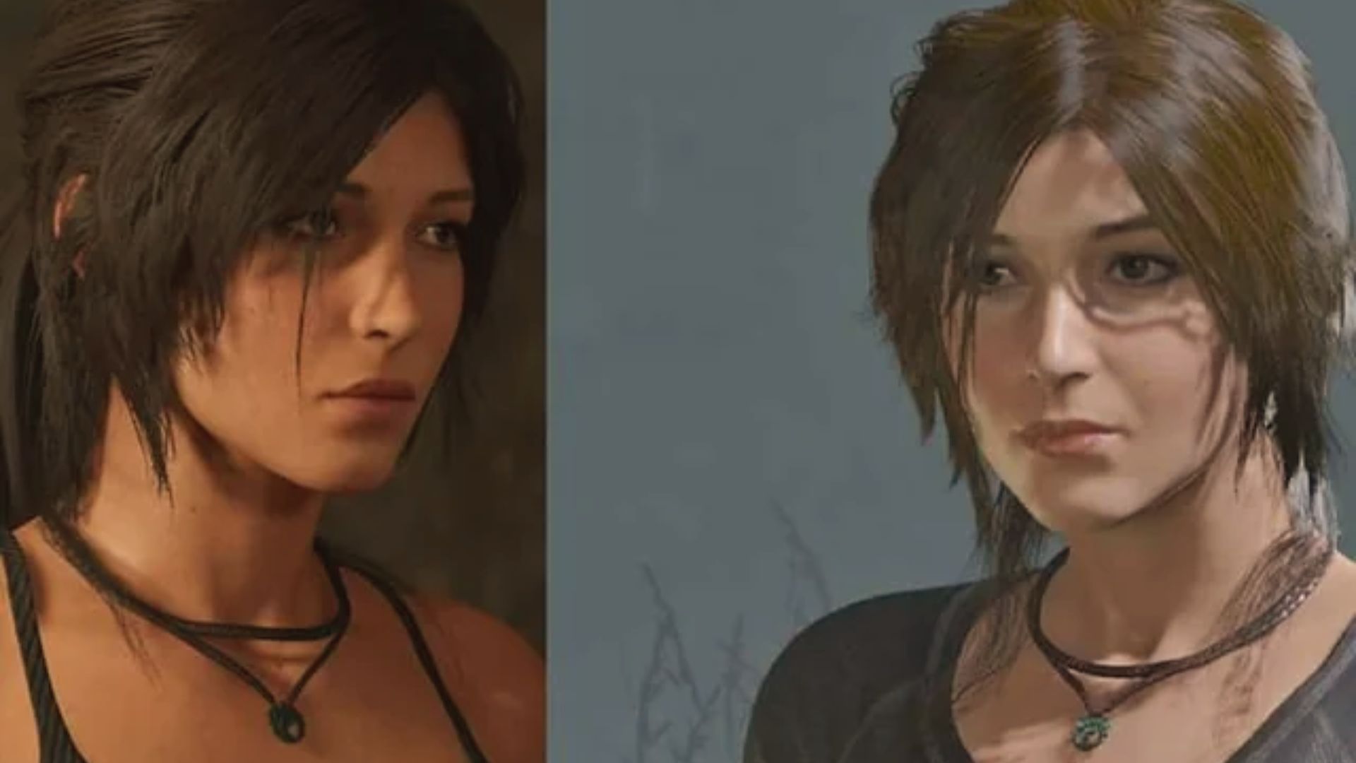 Split-screen Lara models show visual evolution. Rise of the Tomb Raider polishes detail and realism.