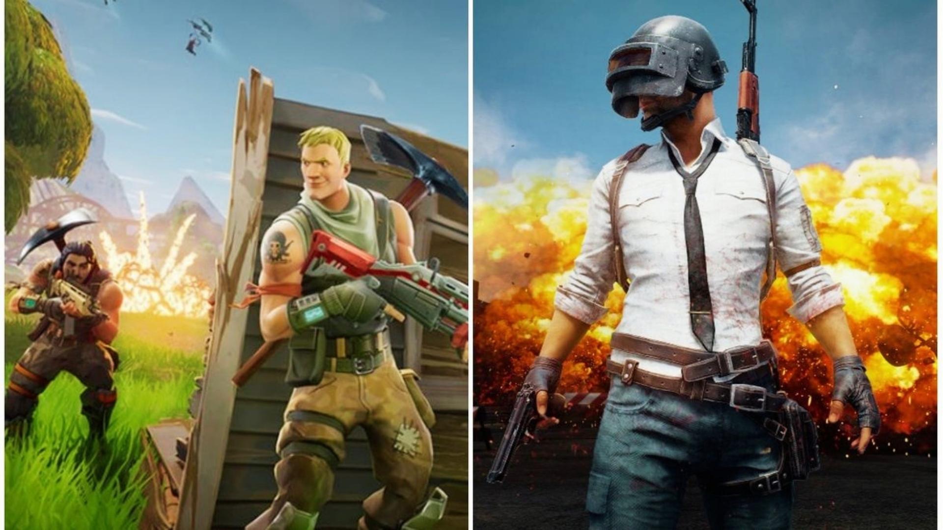 Split-screen art compares Fortnite's cartoon soldier with pickaxe and rifle to PUBG's helmeted soldier in white shirt against explosion backdrop.